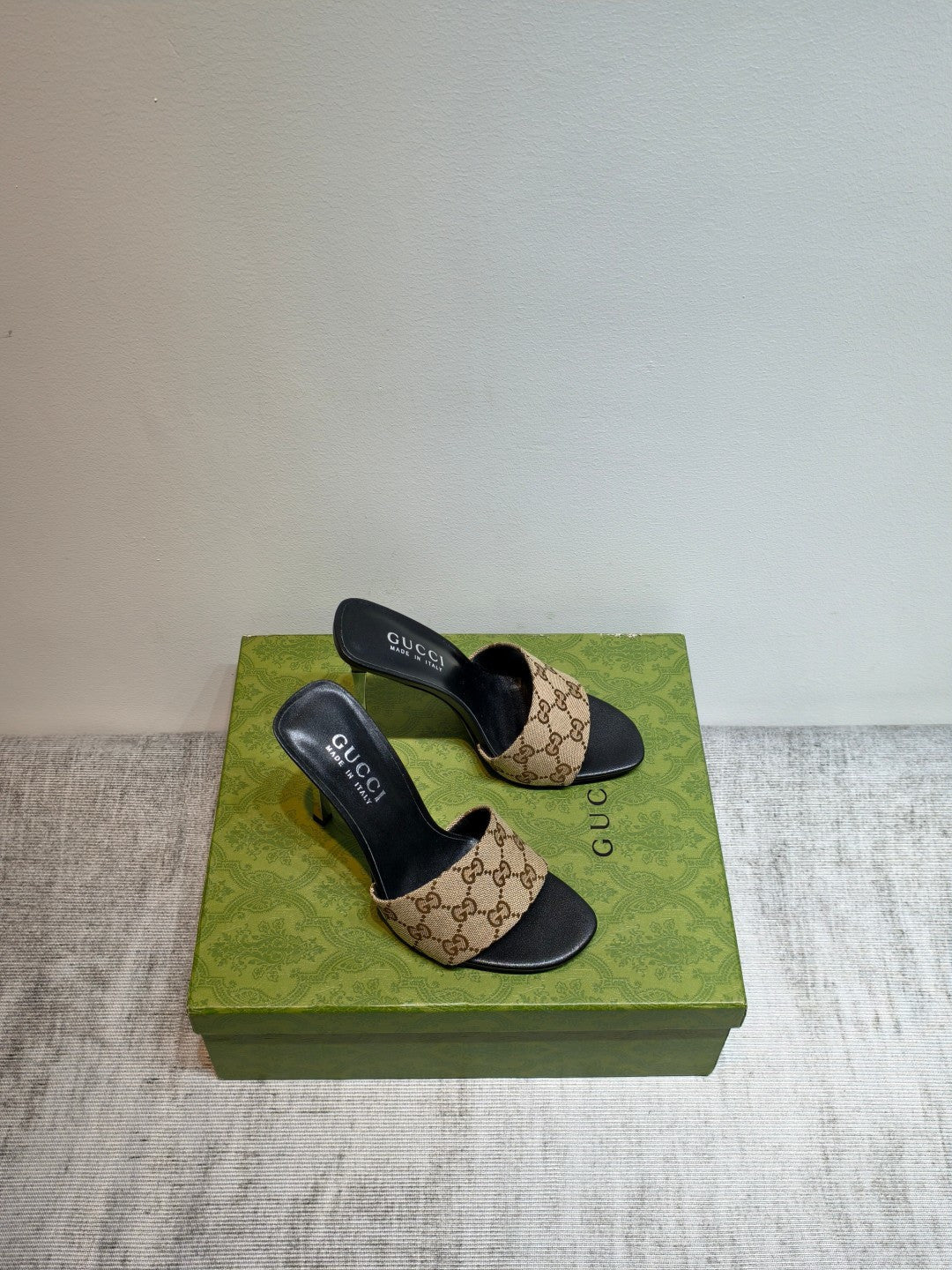 GUCCI 26S MULE SANDALS 110MM IN BEIGE BROWN GG CANVAS