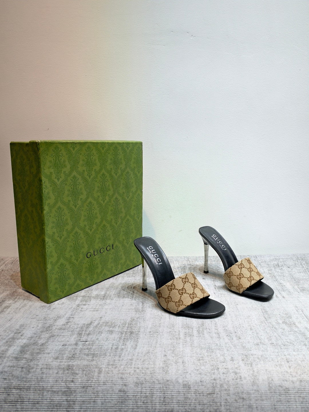 GUCCI 26S MULE SANDALS 110MM IN BEIGE BROWN GG CANVAS