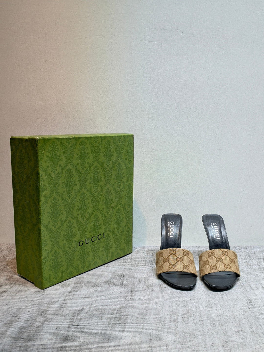 GUCCI 26S MULE SANDALS 110MM IN BEIGE BROWN GG CANVAS