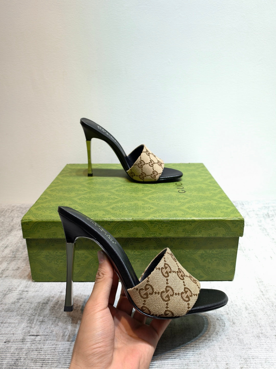 GUCCI 26S MULE SANDALS 110MM IN BEIGE BROWN GG CANVAS
