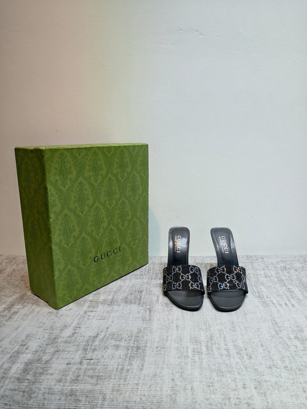 GUCCI 26S MULE SANDALS 110MM IN BLACK SATIN CRYSTAL GG