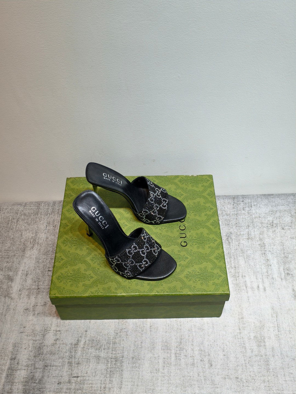 GUCCI 26S MULE SANDALS 110MM IN BLACK SATIN CRYSTAL GG
