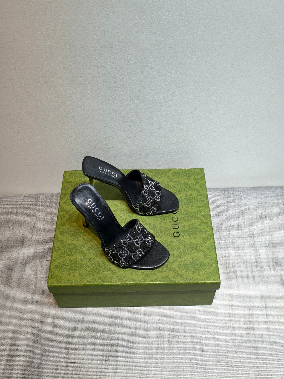 GUCCI 26S MULE SANDALS 110MM IN BLACK SATIN CRYSTAL GG
