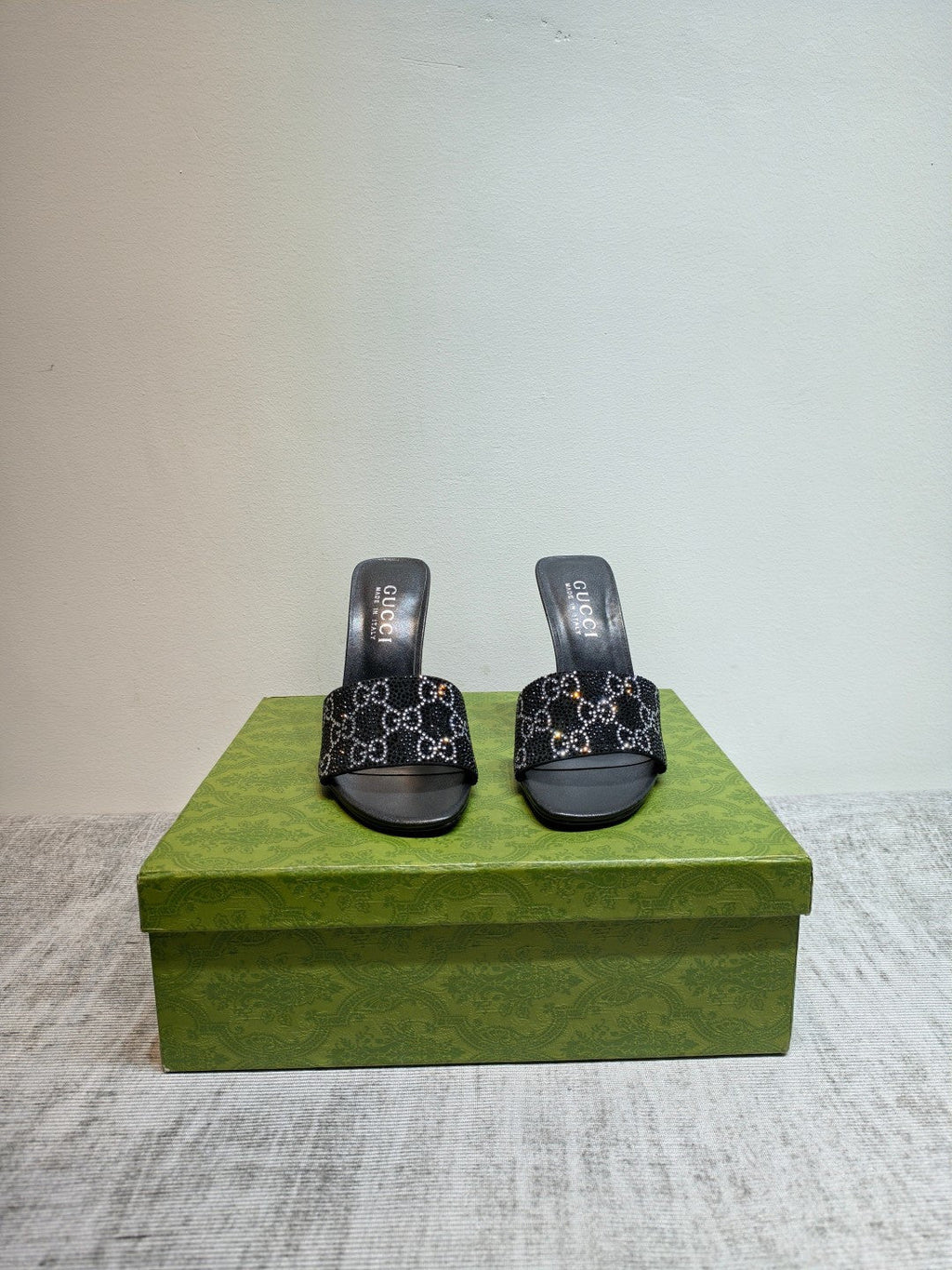GUCCI 26S MULE SANDALS 110MM IN BLACK SATIN CRYSTAL GG