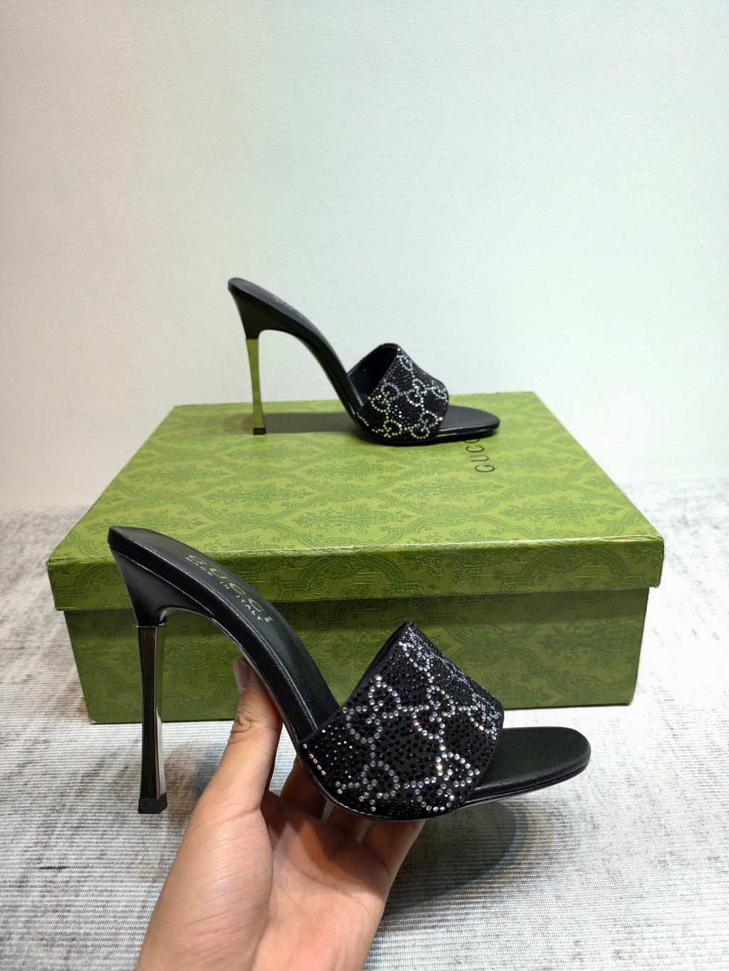 GUCCI 26S MULE SANDALS 110MM IN BLACK SATIN CRYSTAL GG