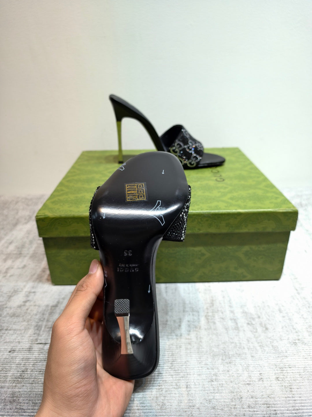 GUCCI 26S MULE SANDALS 110MM IN BLACK SATIN CRYSTAL GG