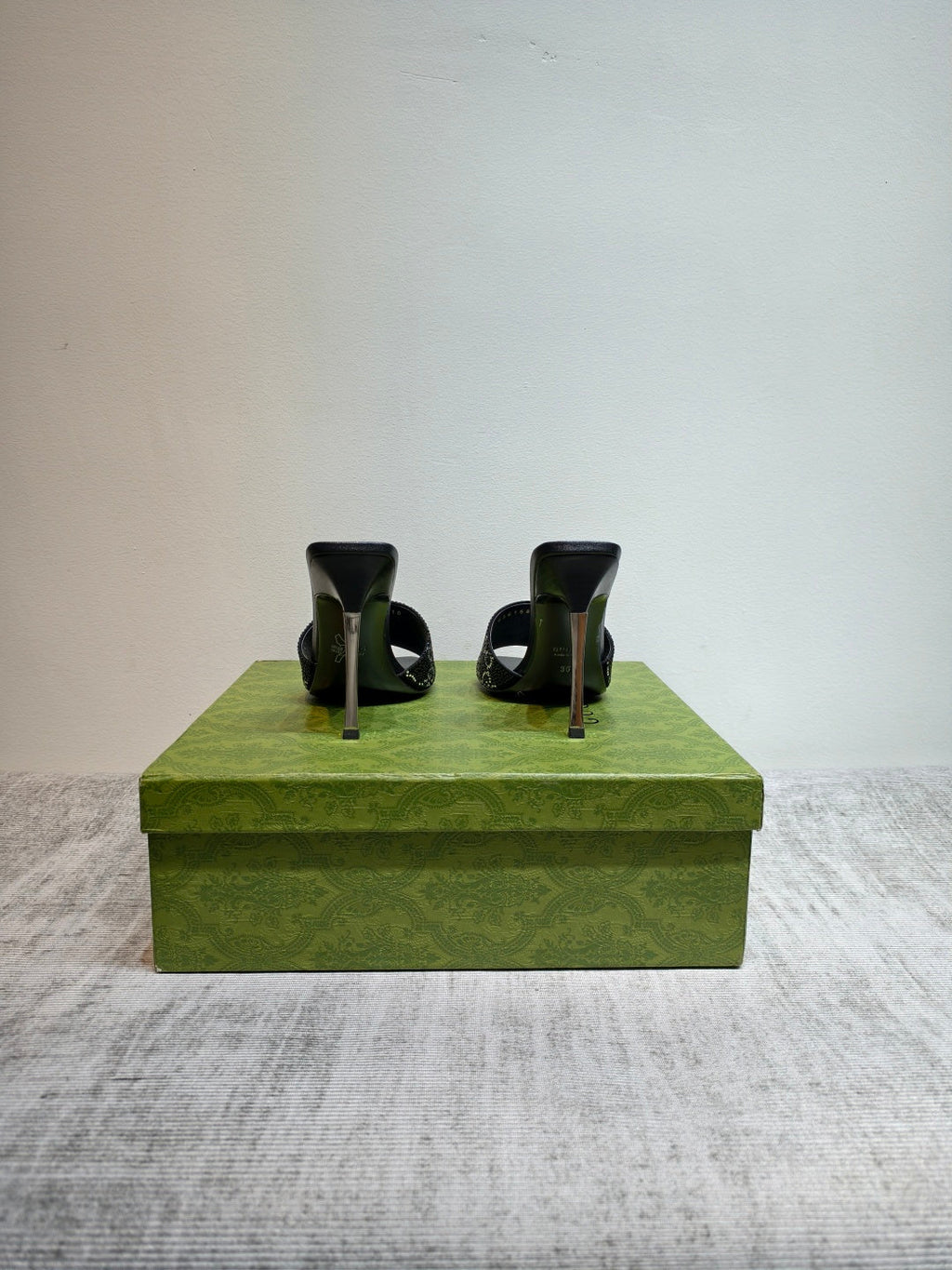 GUCCI 26S MULE SANDALS 110MM IN BLACK SATIN CRYSTAL GG