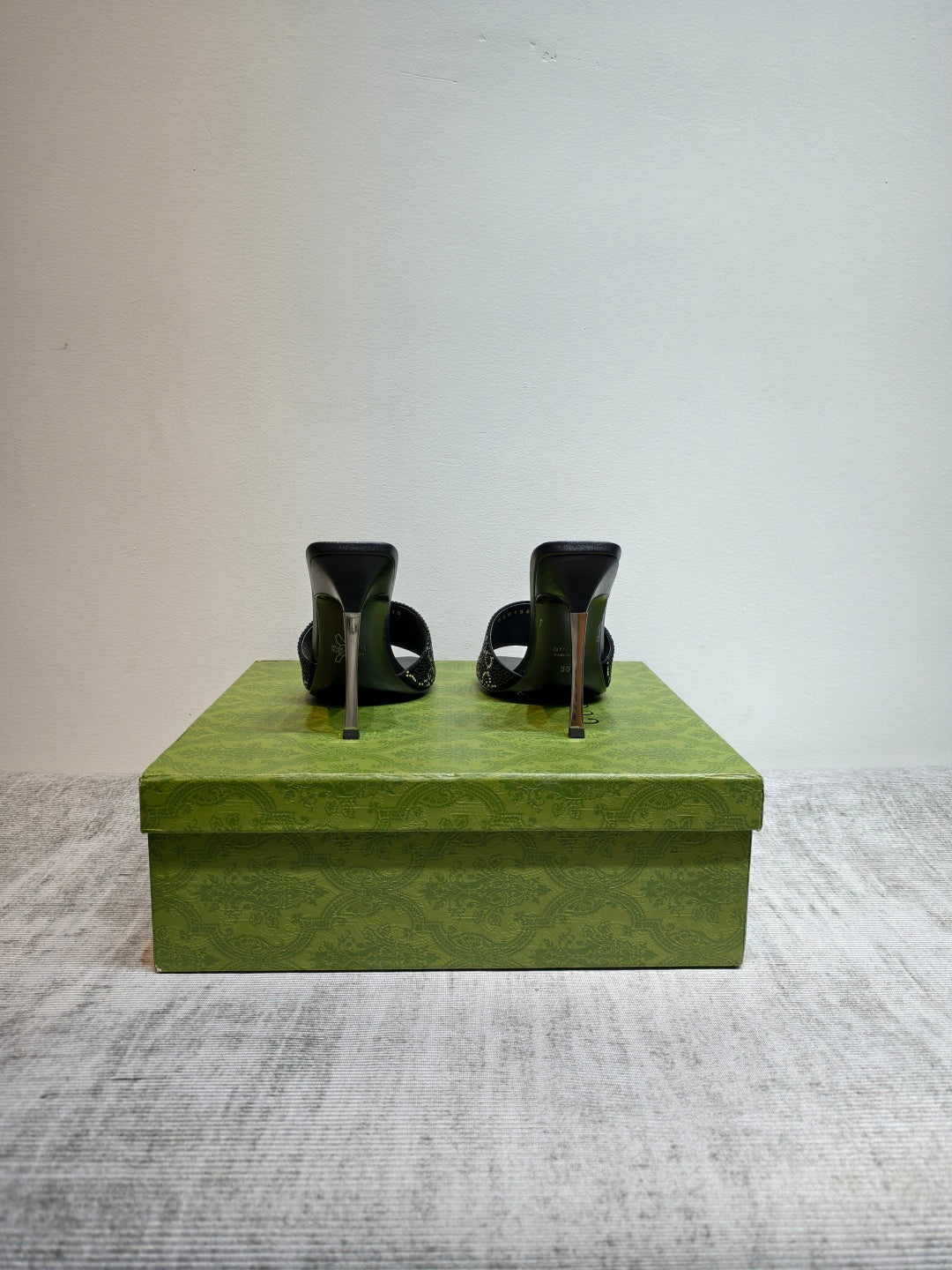 GUCCI 26S MULE SANDALS 110MM IN BLACK SATIN CRYSTAL GG