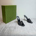 GUCCI 26S MULE SANDALS 110MM IN BLACK SATIN CRYSTAL GG