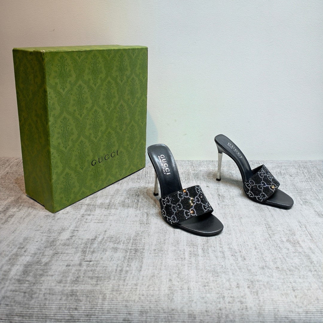 GUCCI 26S MULE SANDALS 110MM IN BLACK SATIN CRYSTAL GG