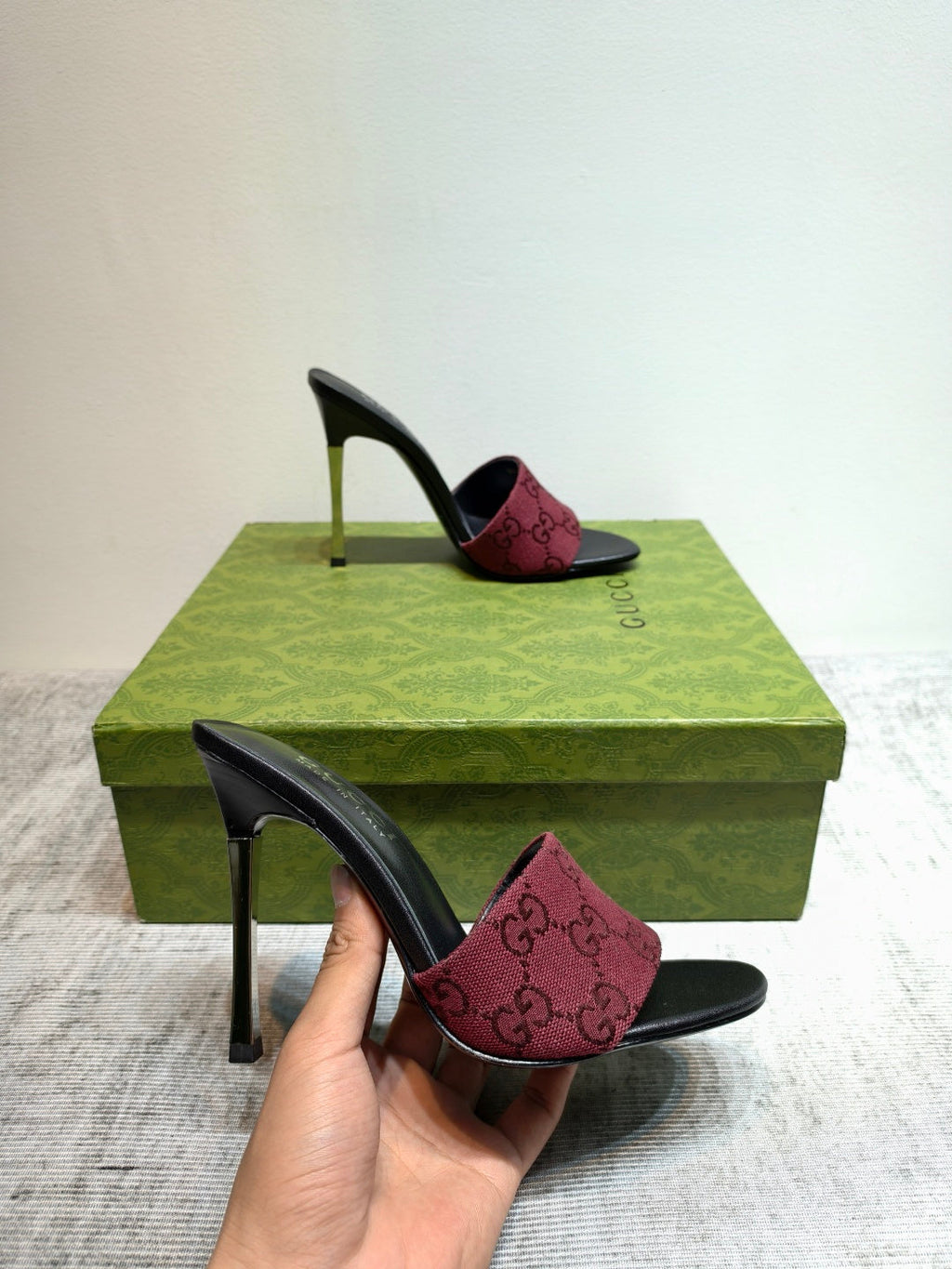 GUCCI 26S MULE SANDALS 110MM IN DARK RED GG CANVAS