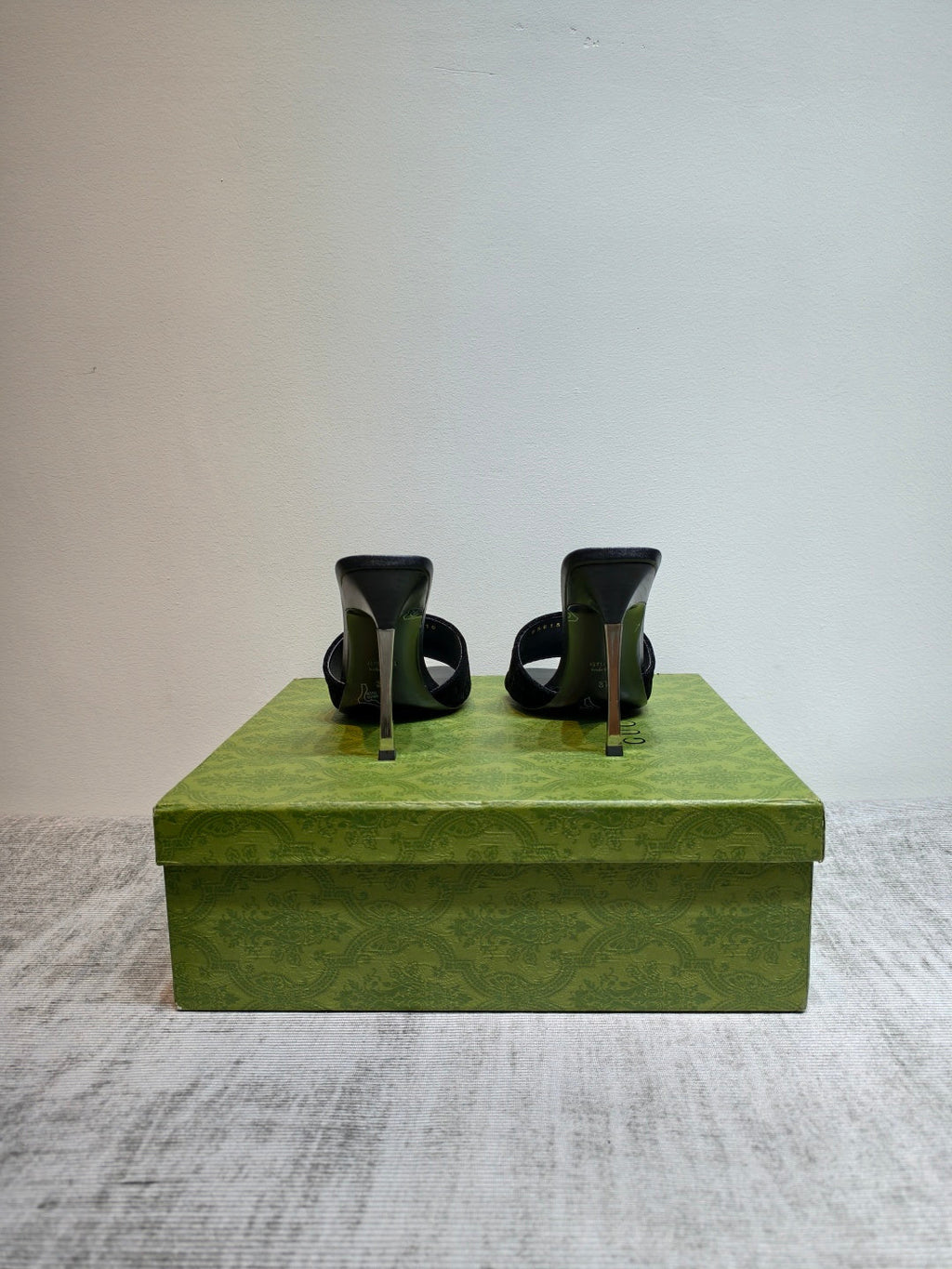 GUCCI 26S MULE SANDALS 110MM IN BLACK VELVET GG EMBOSSED