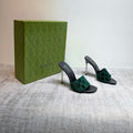 GUCCI 26S MULE SANDALS 110MM IN DARK GREEN VELVET GG EMBOSSED
