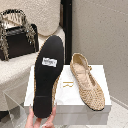 THE ROW 26S MARY JANE FLATS IN BEIGE CALFSKIN AND MESH