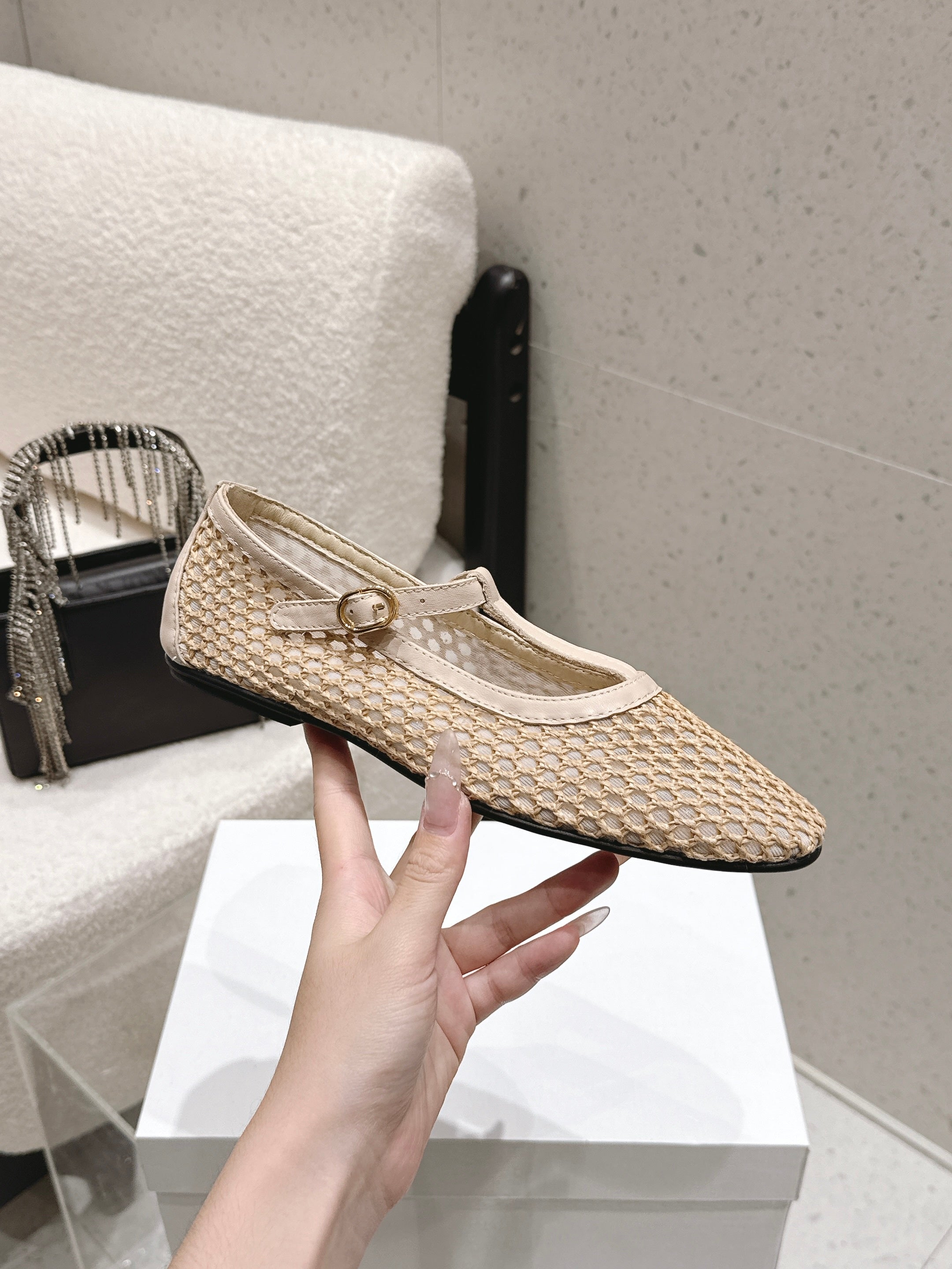 THE ROW 26S MARY JANE FLATS IN BEIGE CALFSKIN AND MESH