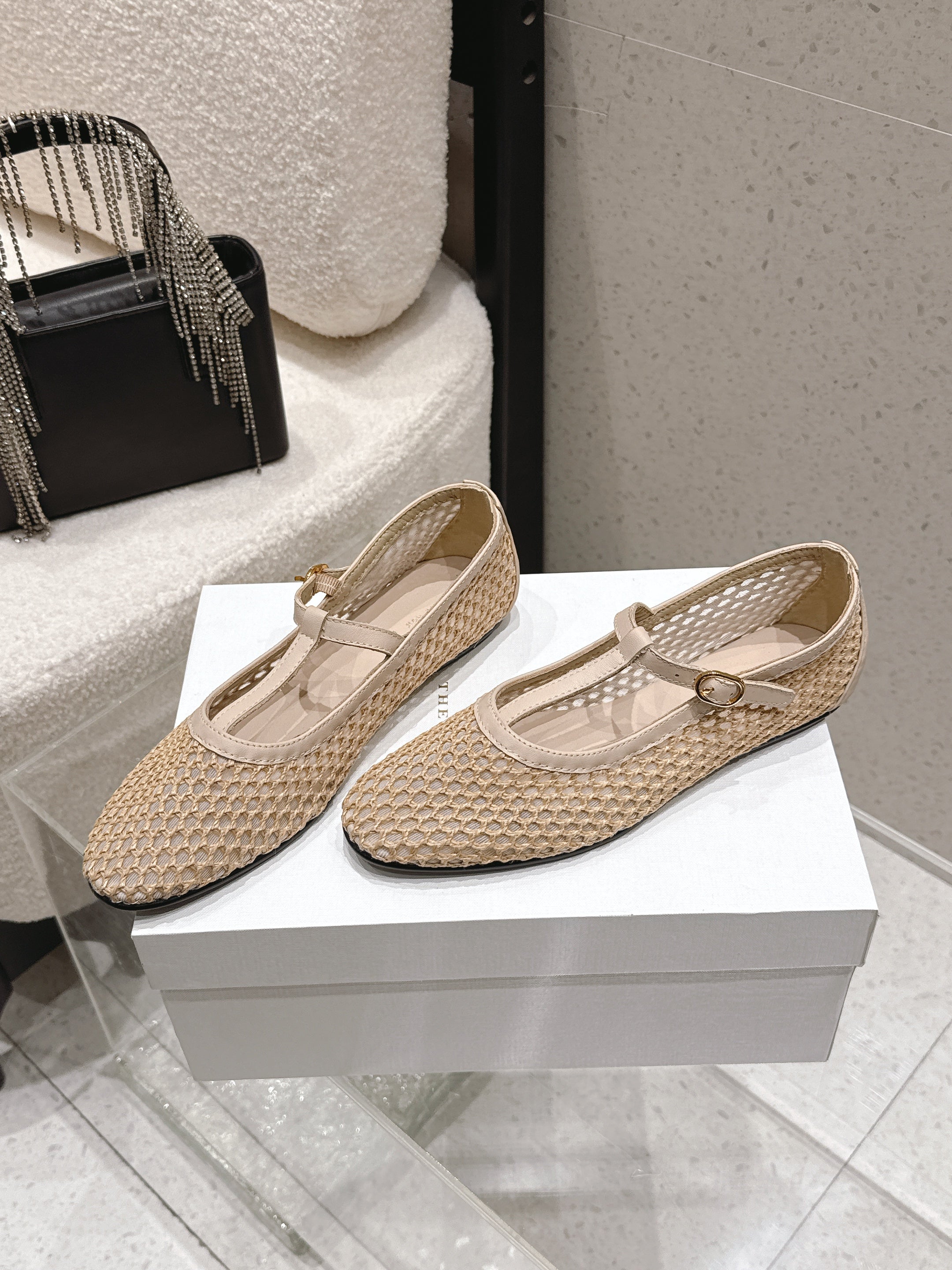 THE ROW 26S MARY JANE FLATS IN BEIGE CALFSKIN AND MESH