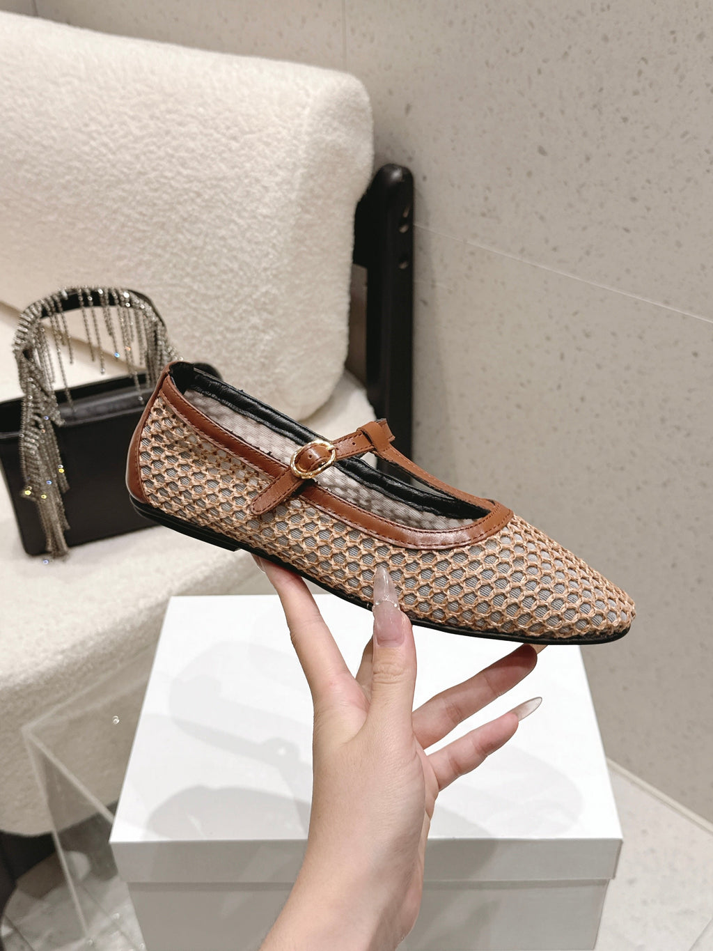 THE ROW 26S MARY JANE FLATS IN LIGHT BROWN CALFSKIN AND MESH