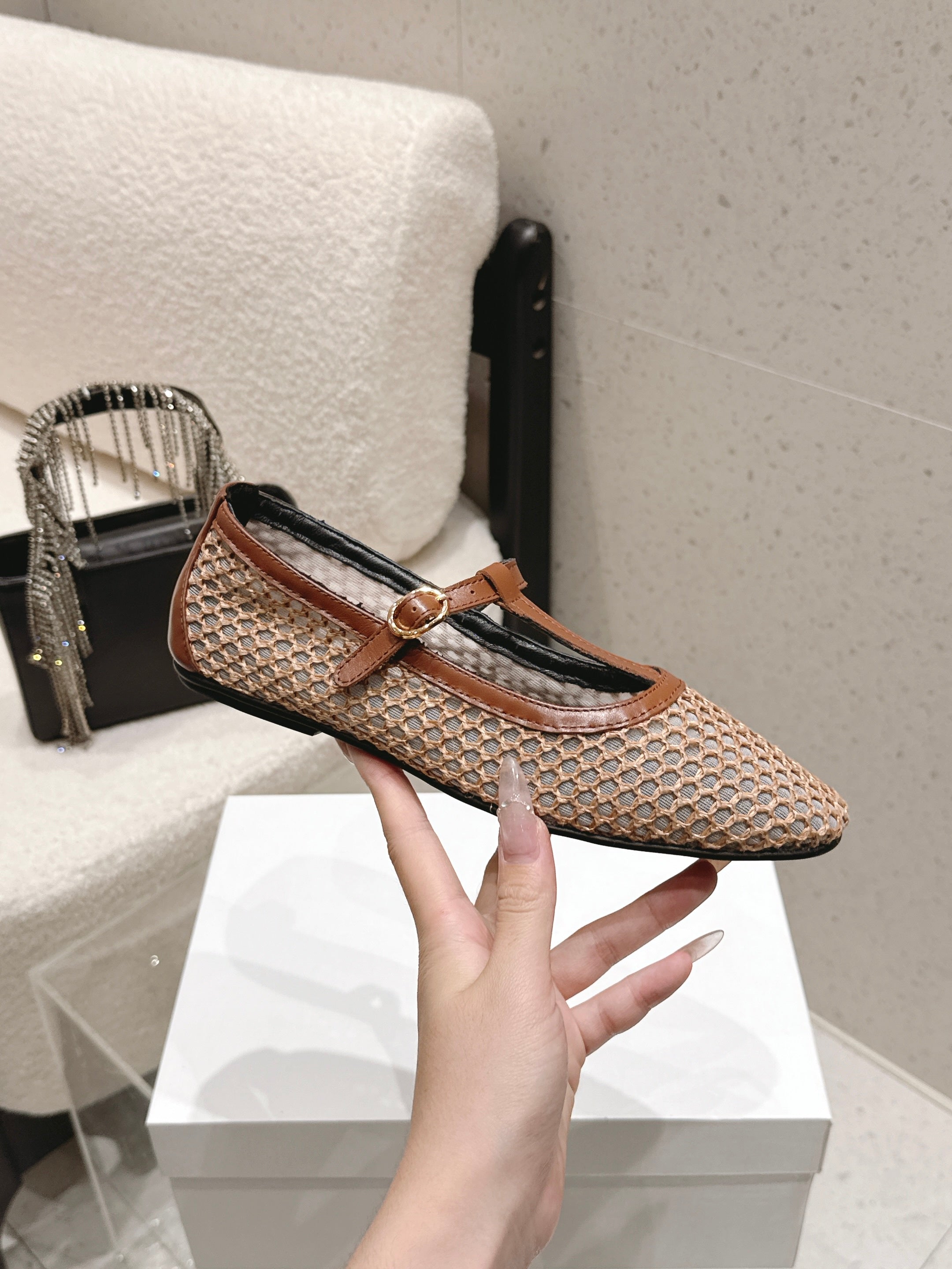 THE ROW 26S MARY JANE FLATS IN LIGHT BROWN CALFSKIN AND MESH