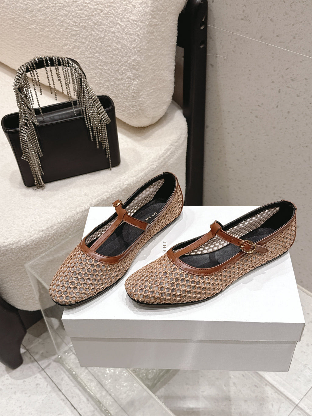 THE ROW 26S MARY JANE FLATS IN LIGHT BROWN CALFSKIN AND MESH