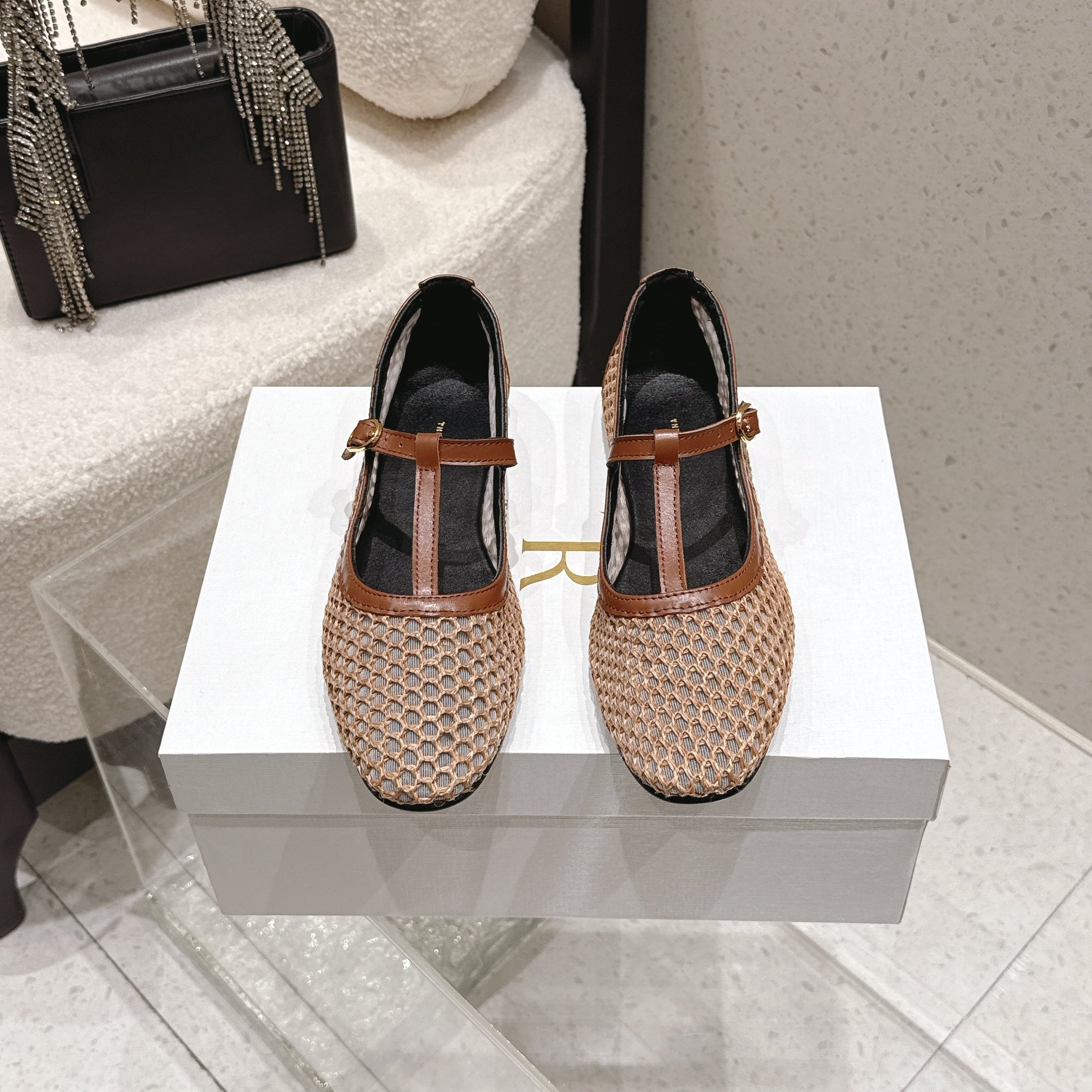 THE ROW 26S MARY JANE FLATS IN LIGHT BROWN CALFSKIN AND MESH