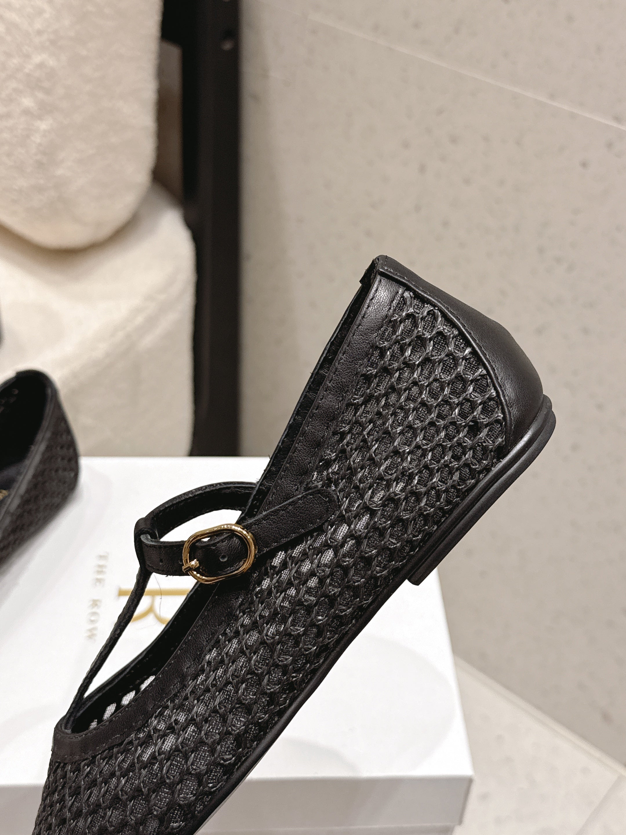 THE ROW 26S MARY JANE FLATS IN BLACK CALFSKIN AND MESH