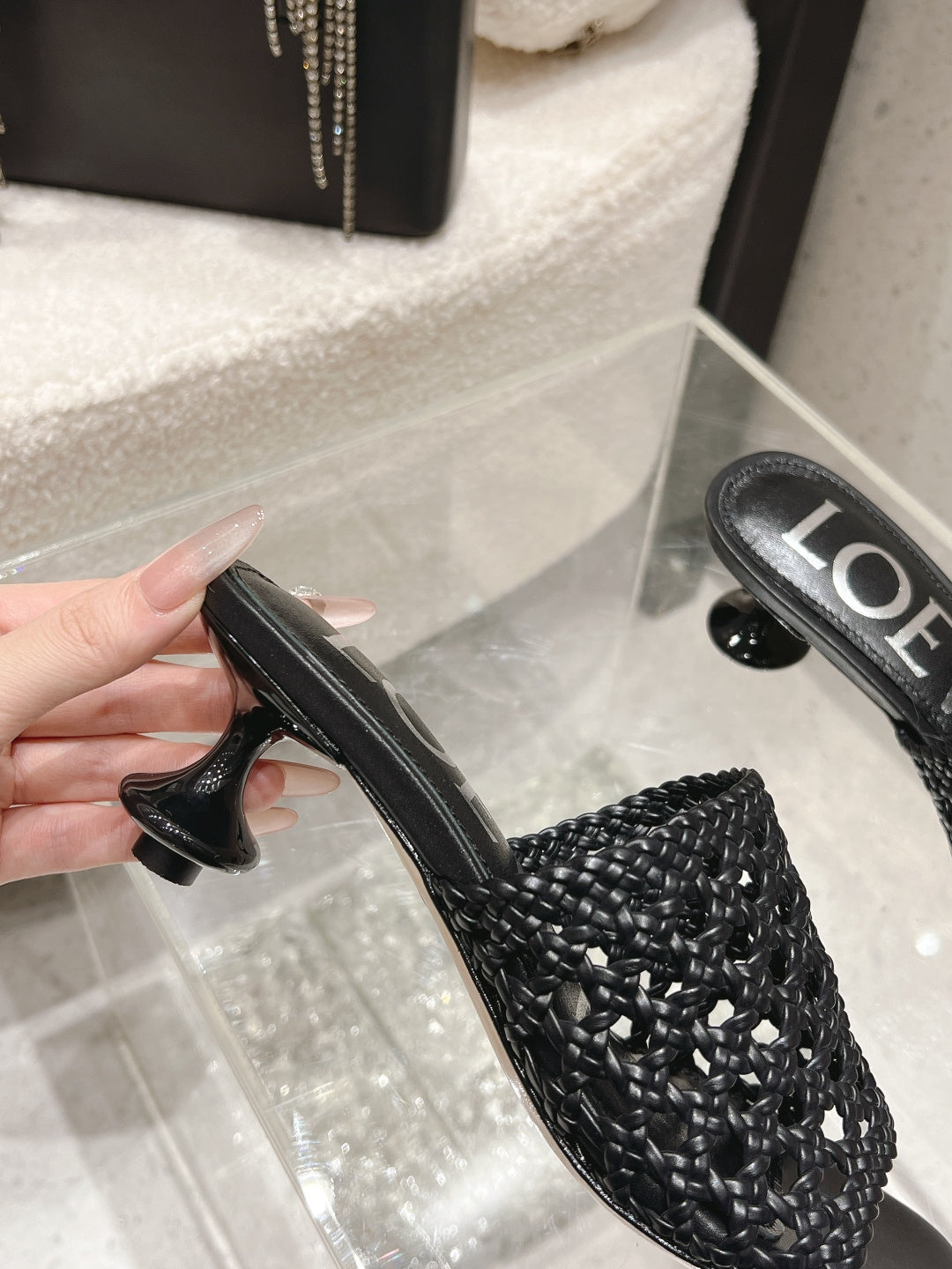 LOEWE 26S WOVEN HEEL SANDALS 50 MM IN BLACK LAMBSKIN