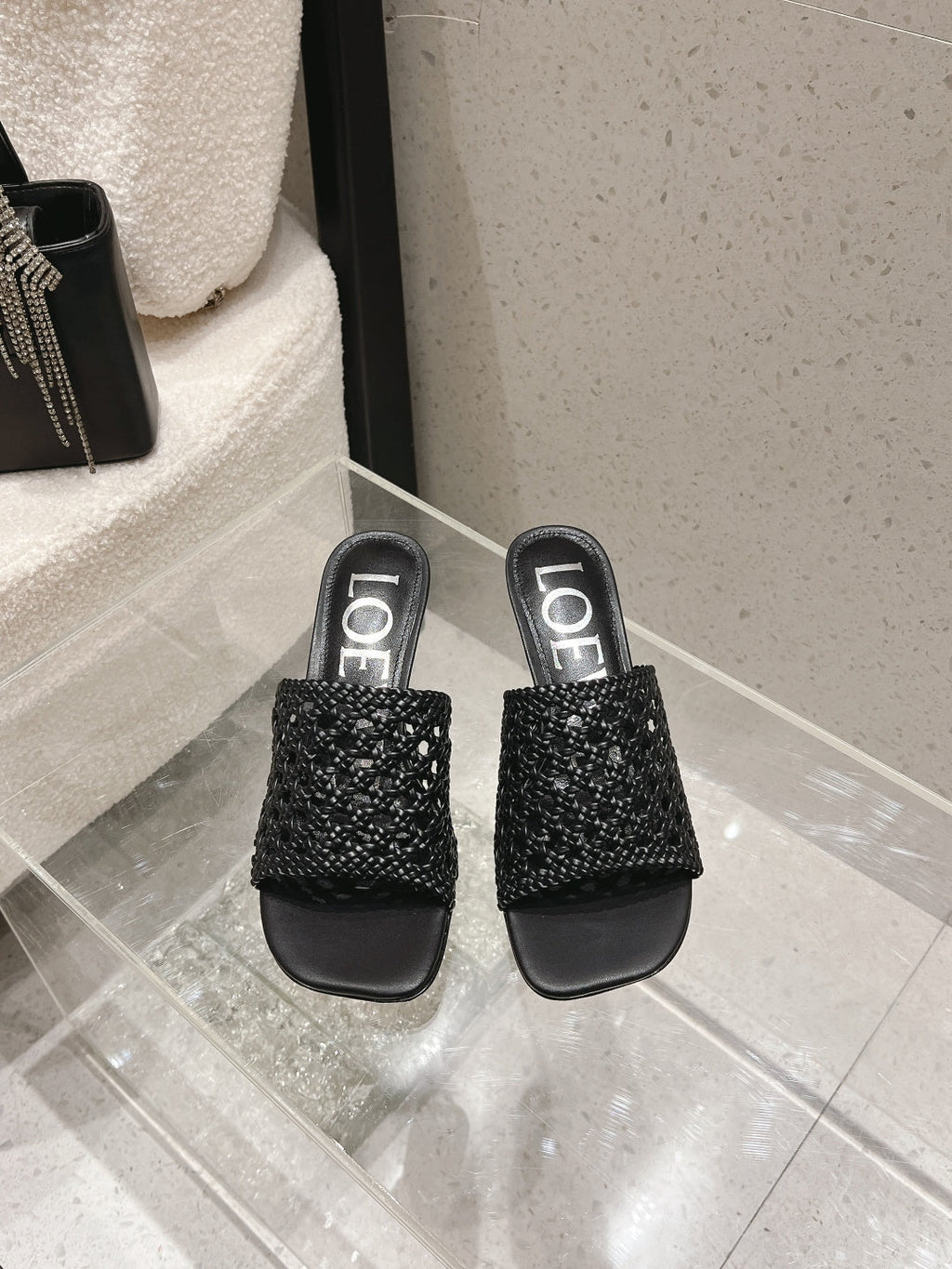 LOEWE 26S WOVEN HEEL SANDALS 50 MM IN BLACK LAMBSKIN