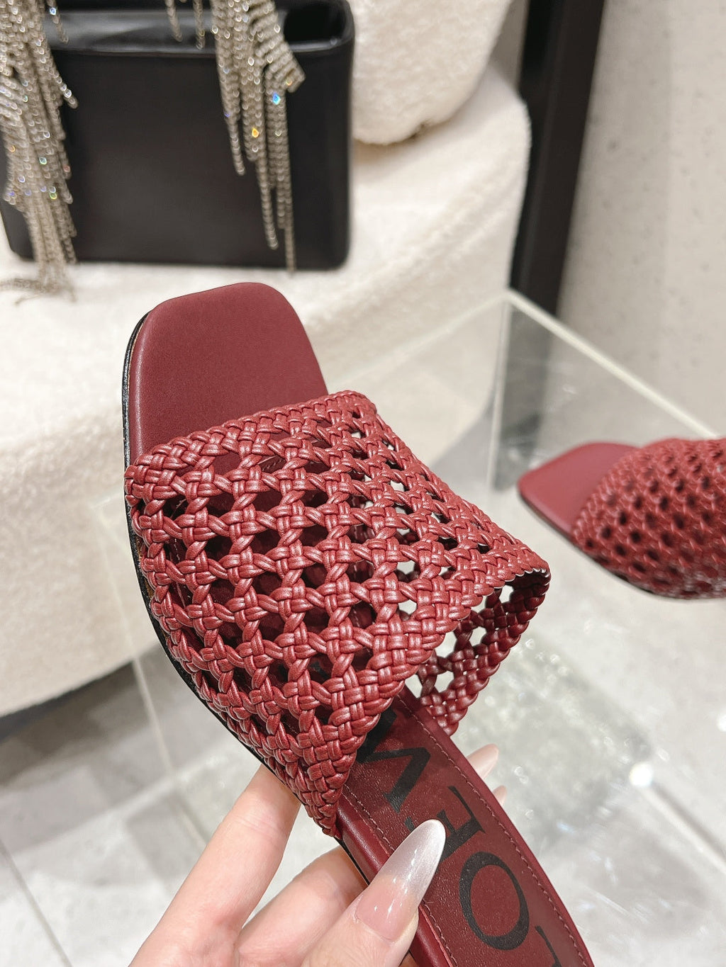 LOEWE 26S WOVEN HEEL SANDALS 50 MM IN DARK RED LAMBSKIN