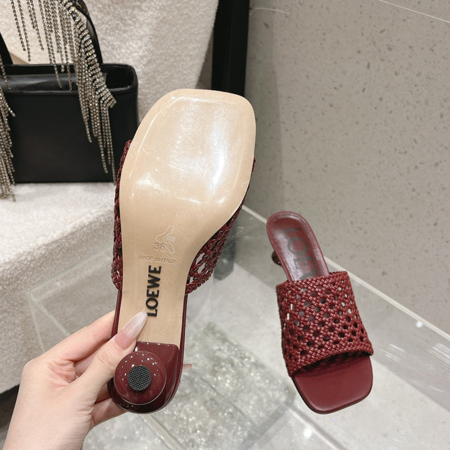 LOEWE 26S WOVEN HEEL SANDALS 50 MM IN DARK RED LAMBSKIN