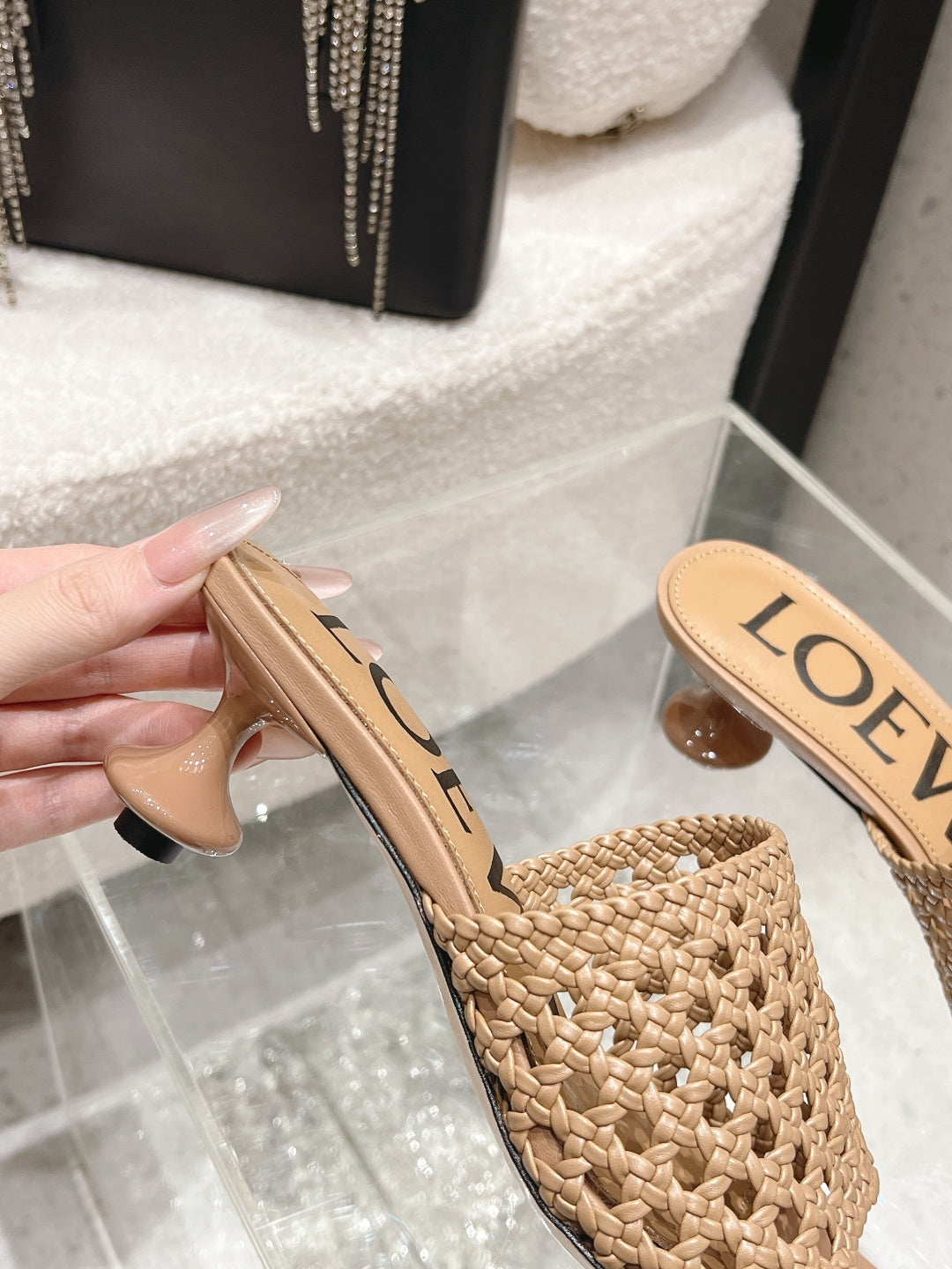 LOEWE 26S WOVEN HEEL SANDALS 50 MM IN DARK BEIGE LAMBSKIN