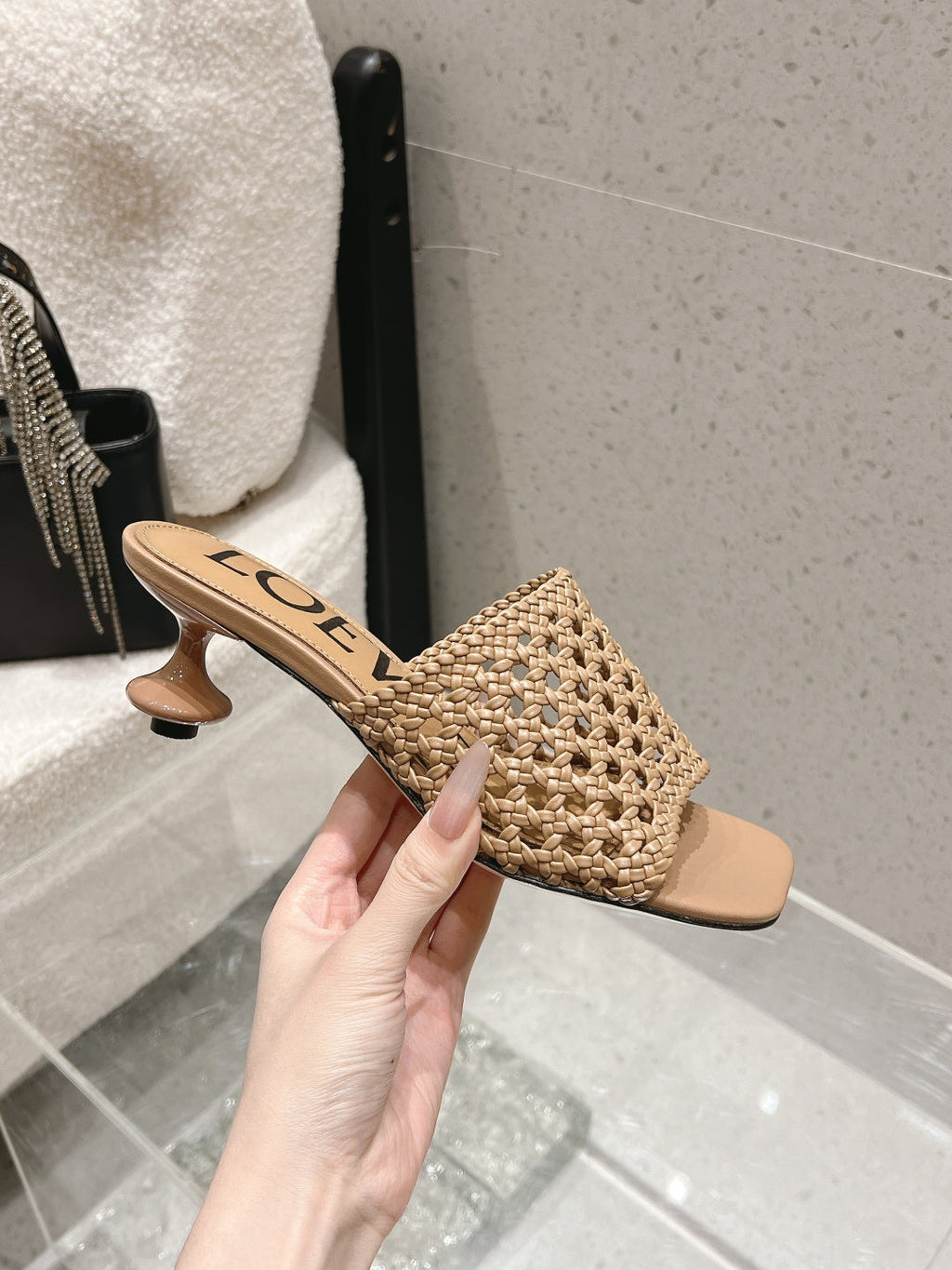 LOEWE 26S WOVEN HEEL SANDALS 50 MM IN DARK BEIGE LAMBSKIN