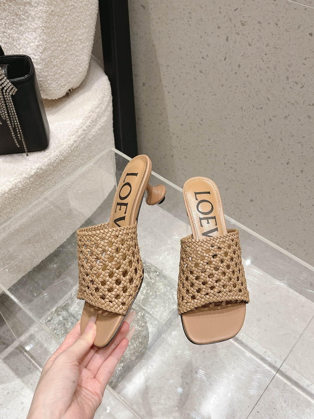 LOEWE 26S WOVEN HEEL SANDALS 50 MM IN DARK BEIGE LAMBSKIN