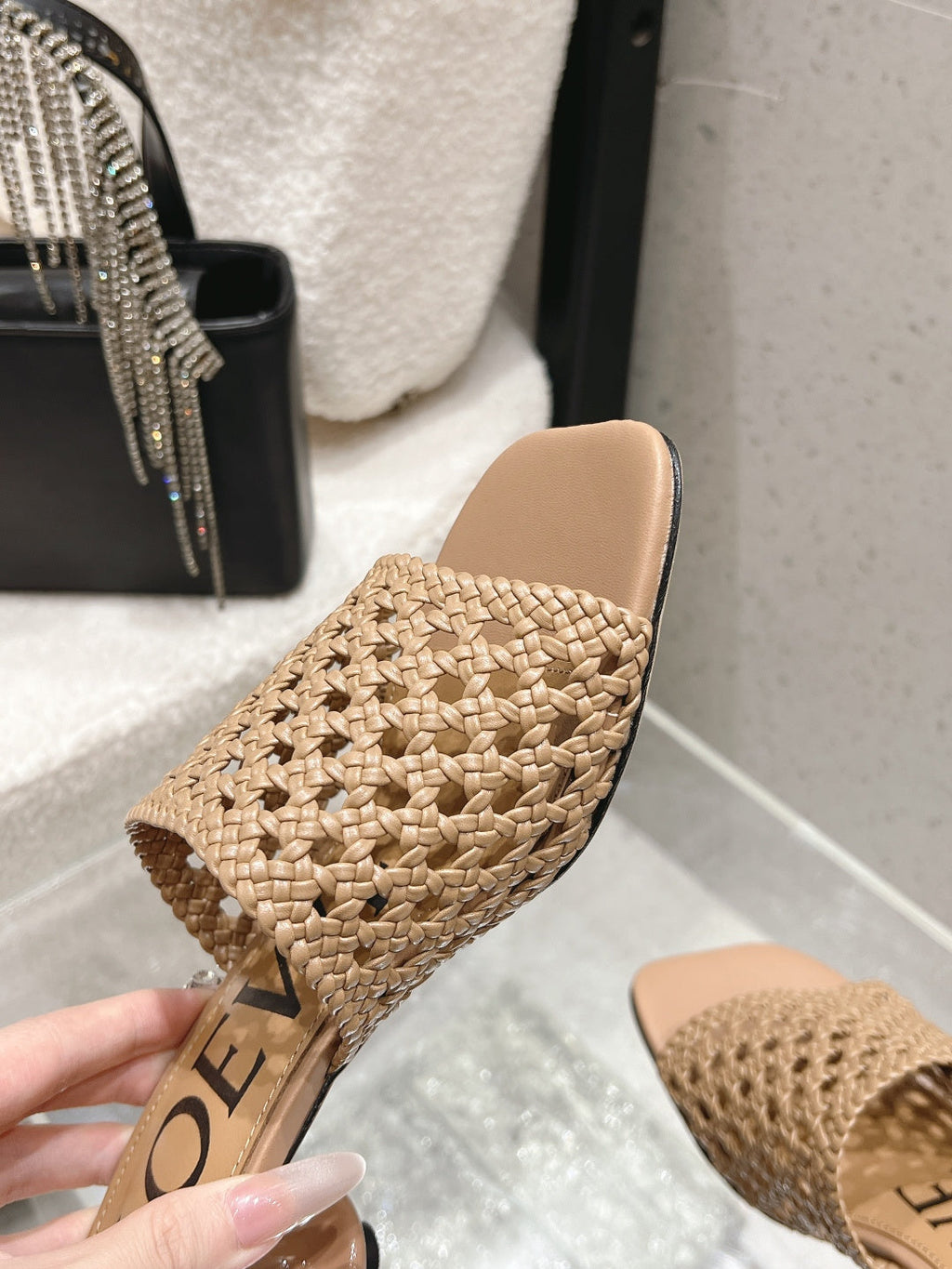 LOEWE 26S WOVEN HEEL SANDALS 50 MM IN DARK BEIGE LAMBSKIN