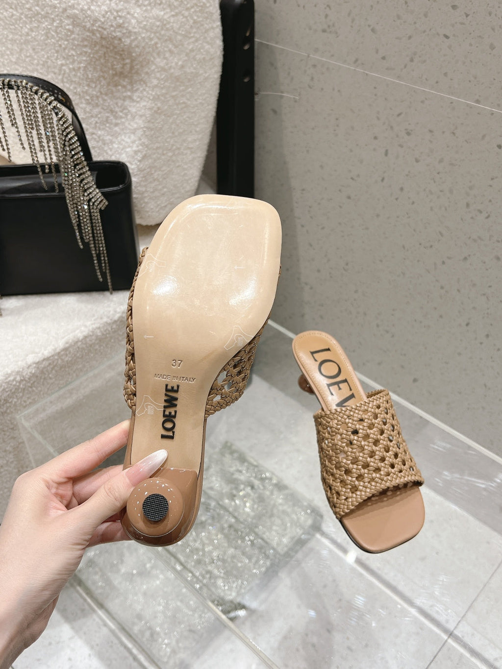 LOEWE 26S WOVEN HEEL SANDALS 50 MM IN DARK BEIGE LAMBSKIN