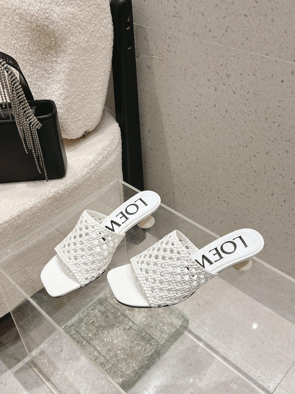 LOEWE 26S WOVEN HEEL SANDALS 50 MM IN WHITE LAMBSKIN