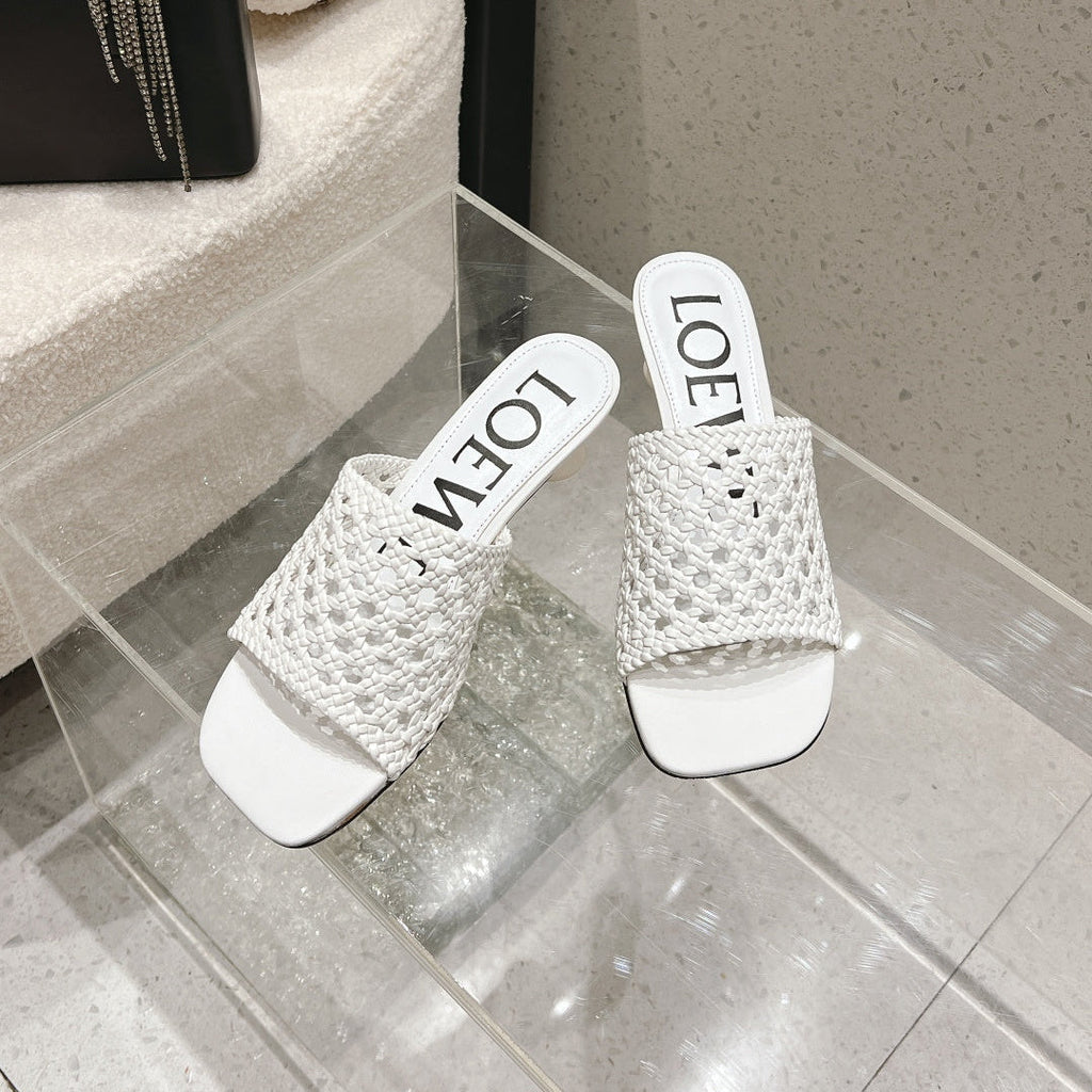 LOEWE 26S WOVEN HEEL SANDALS 50 MM IN WHITE LAMBSKIN