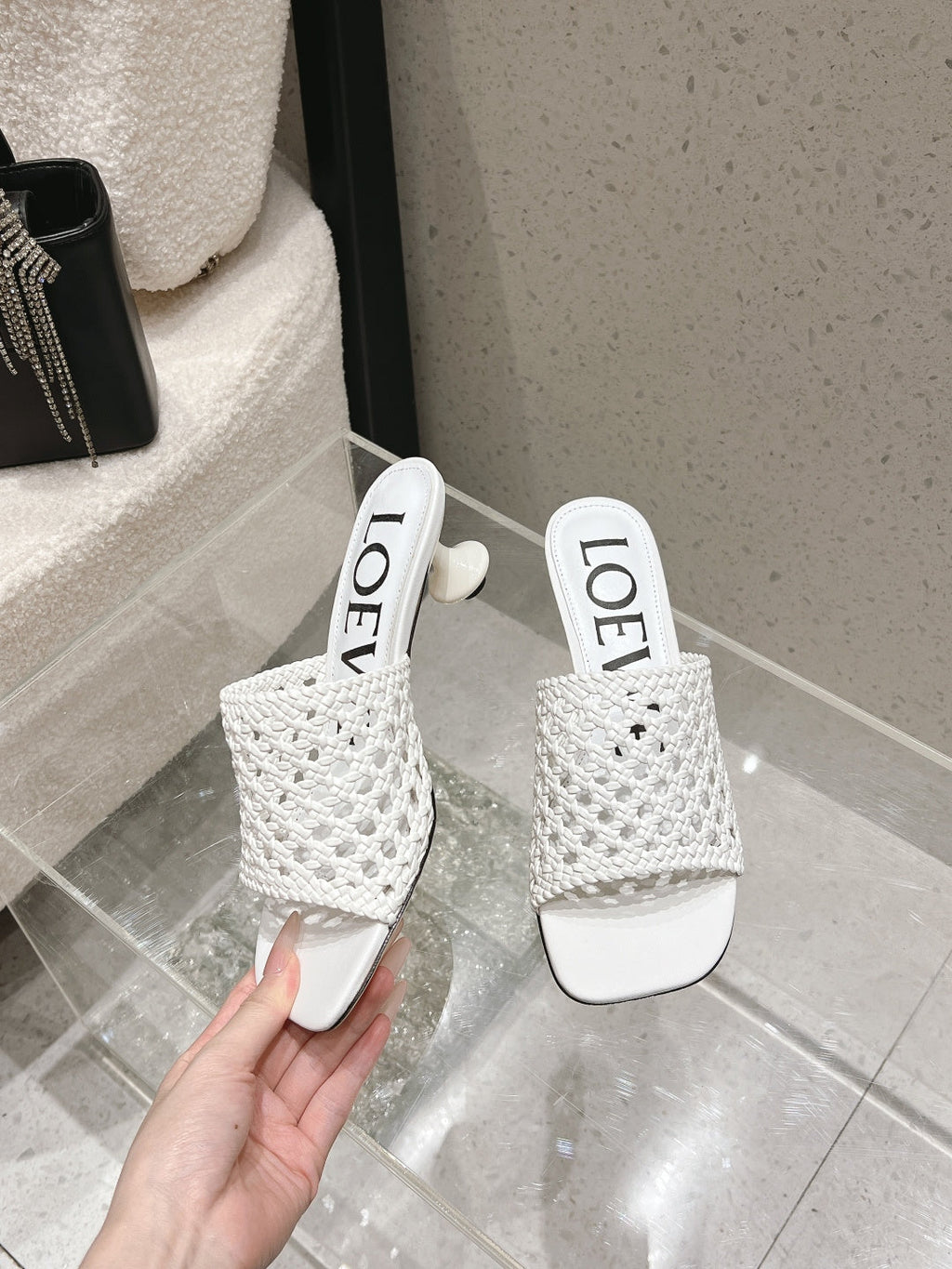 LOEWE 26S WOVEN HEEL SANDALS 50 MM IN WHITE LAMBSKIN