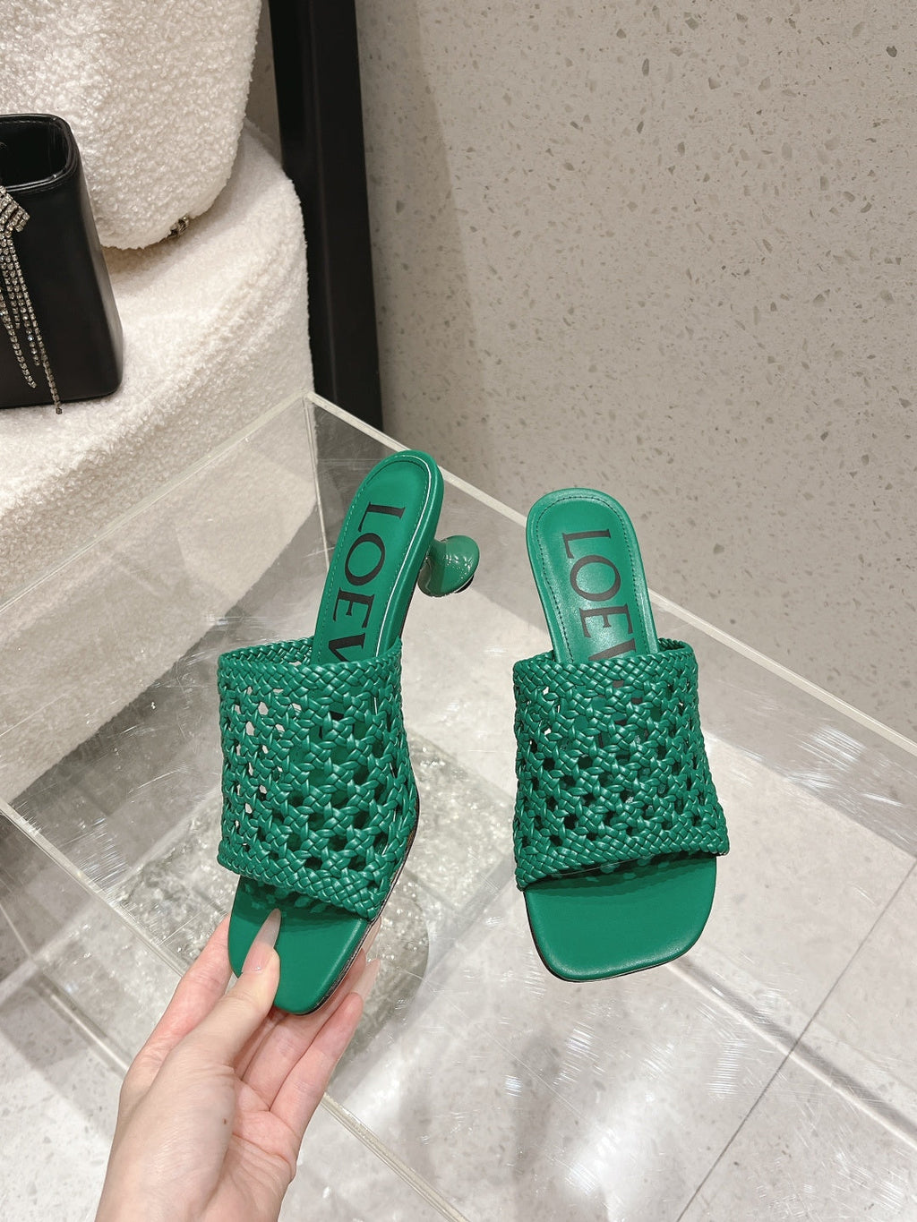 LOEWE 26S WOVEN HEEL SANDALS 50 MM IN GREEN LAMBSKIN
