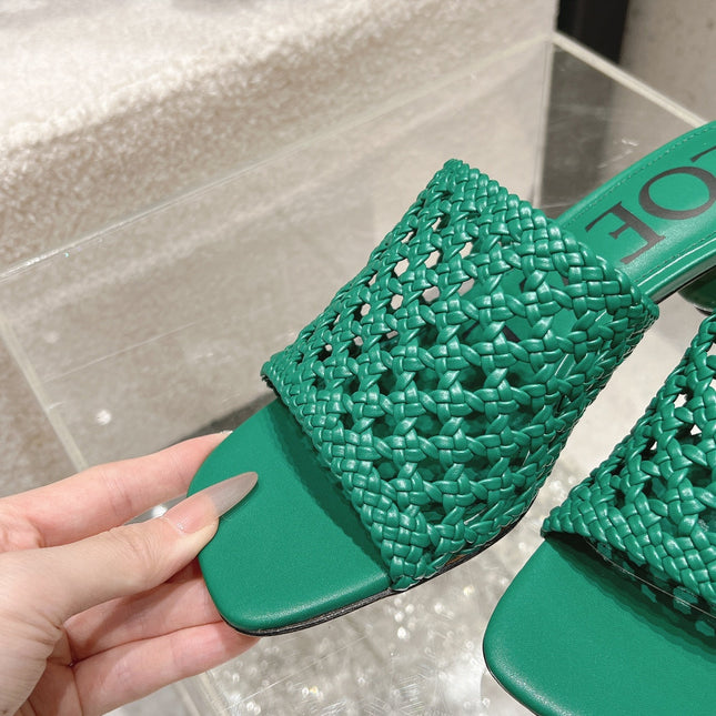 LOEWE 26S WOVEN HEEL SANDALS 50 MM IN GREEN LAMBSKIN