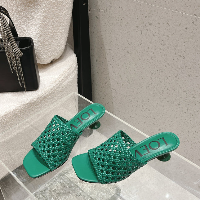LOEWE 26S WOVEN HEEL SANDALS 50 MM IN GREEN LAMBSKIN