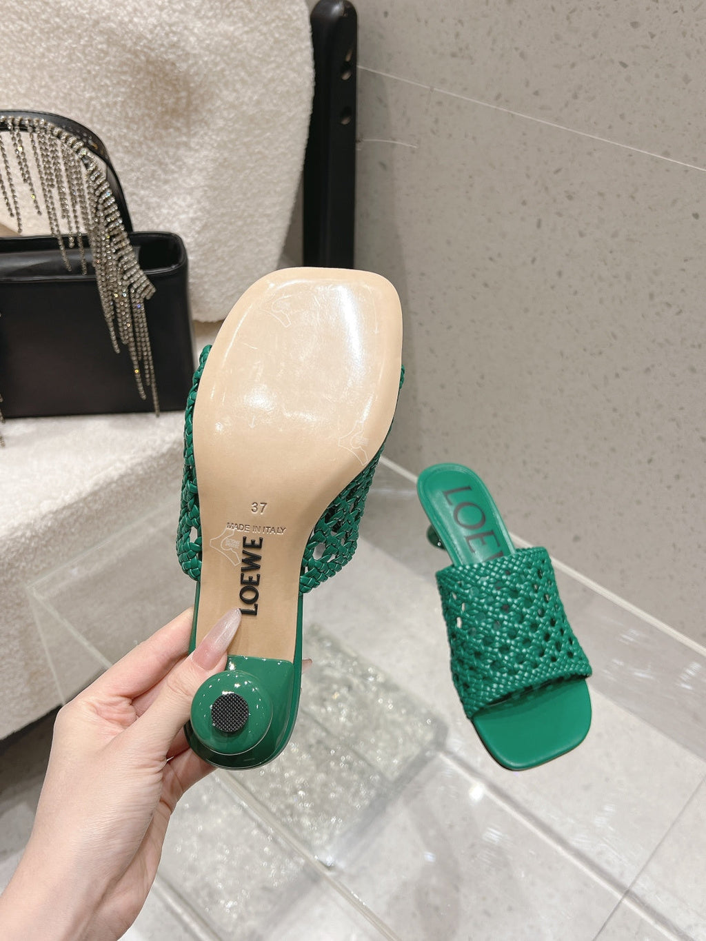 LOEWE 26S WOVEN HEEL SANDALS 50 MM IN GREEN LAMBSKIN