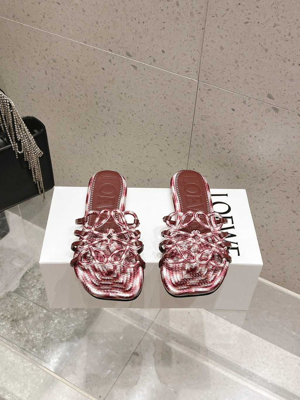 LOEWE 26S BRAIDED CAGE SLIDE SANDALS IN DARK BROWN CALFSKIN