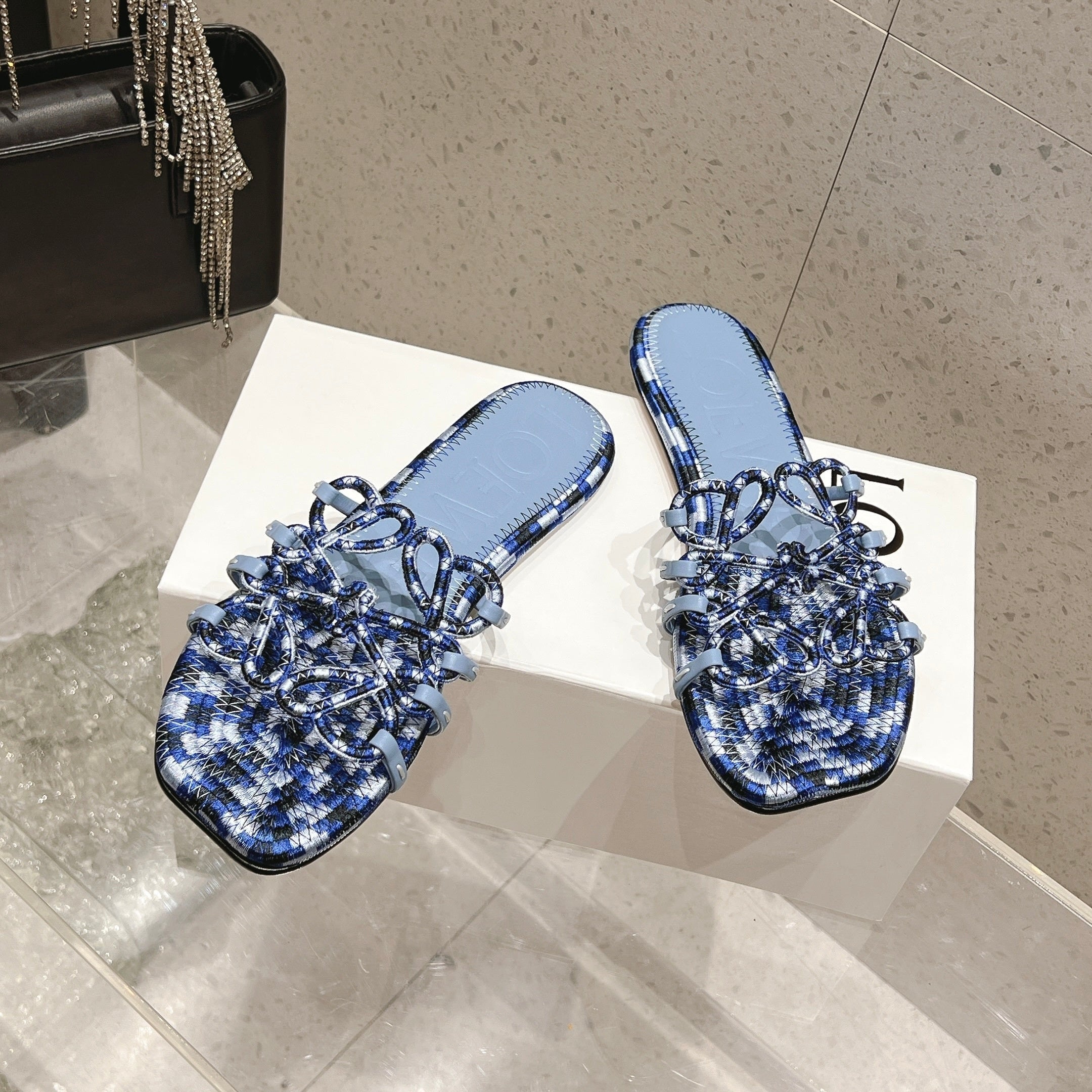 LOEWE 26S BRAIDED CAGE SLIDE SANDALS IN BLUE CALFSKIN