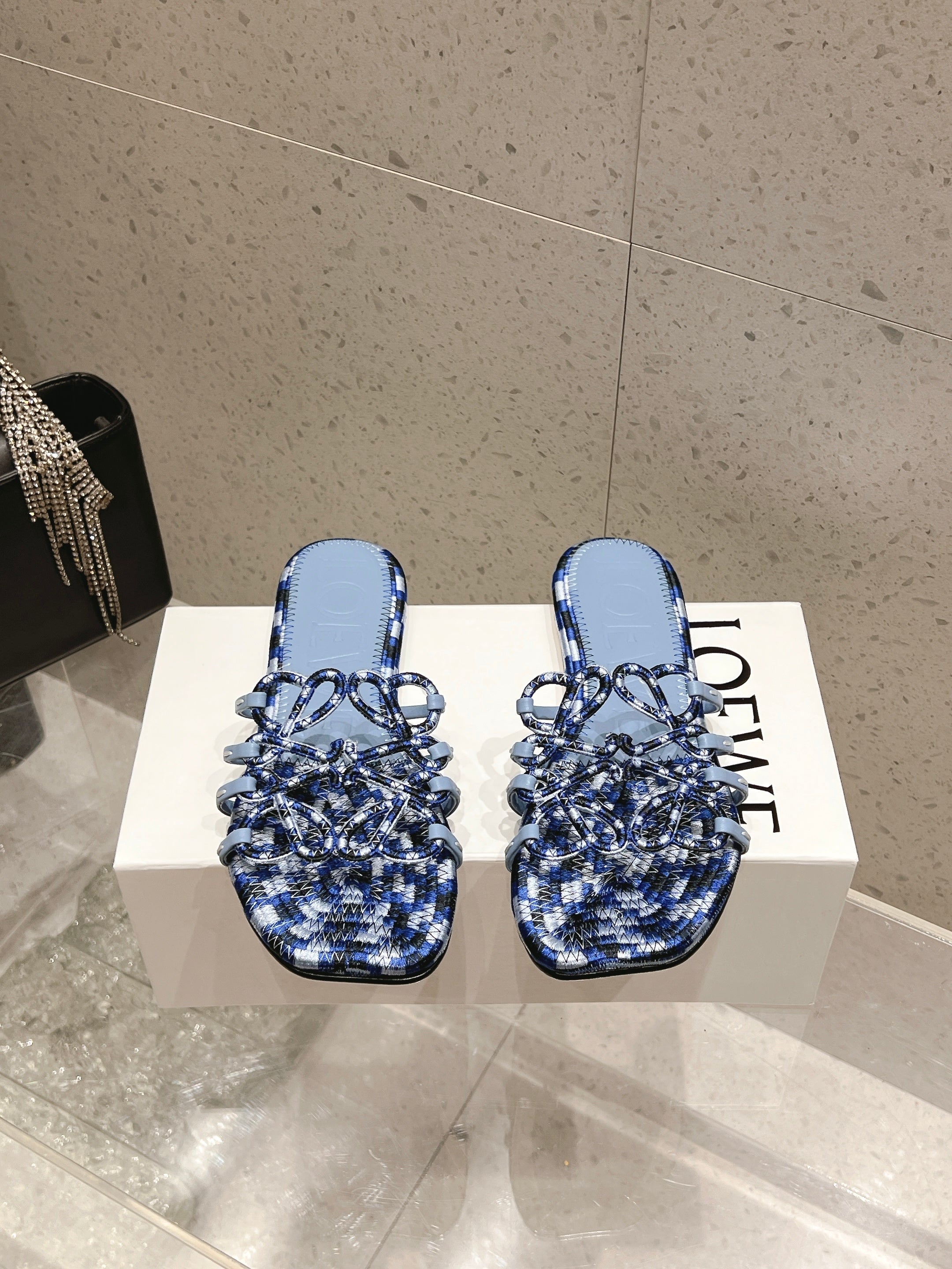 LOEWE 26S BRAIDED CAGE SLIDE SANDALS IN BLUE CALFSKIN