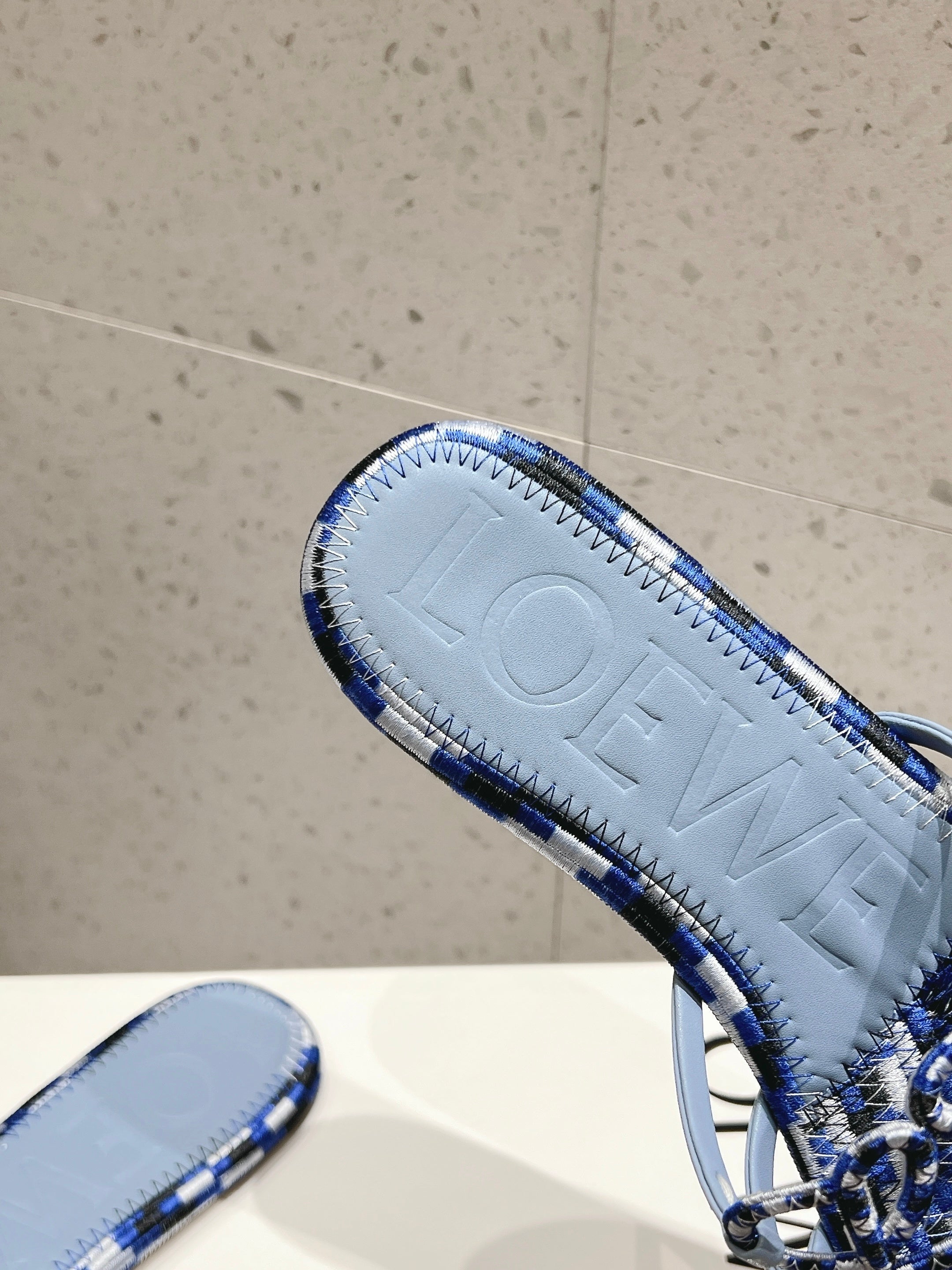 LOEWE 26S BRAIDED CAGE SLIDE SANDALS IN BLUE CALFSKIN