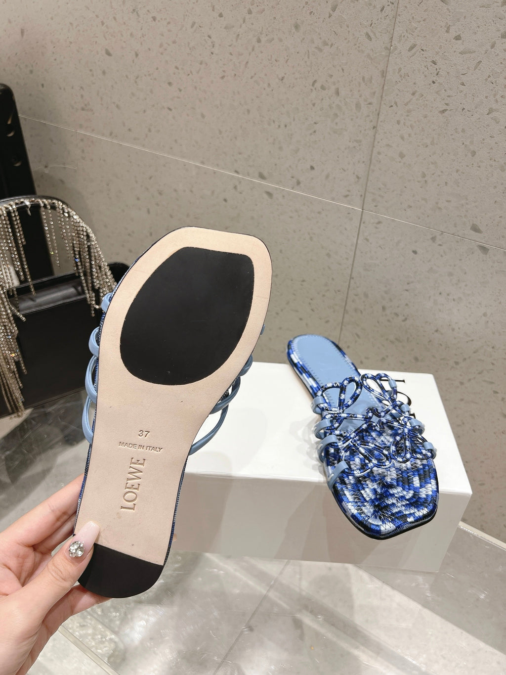 LOEWE 26S BRAIDED CAGE SLIDE SANDALS IN BLUE CALFSKIN