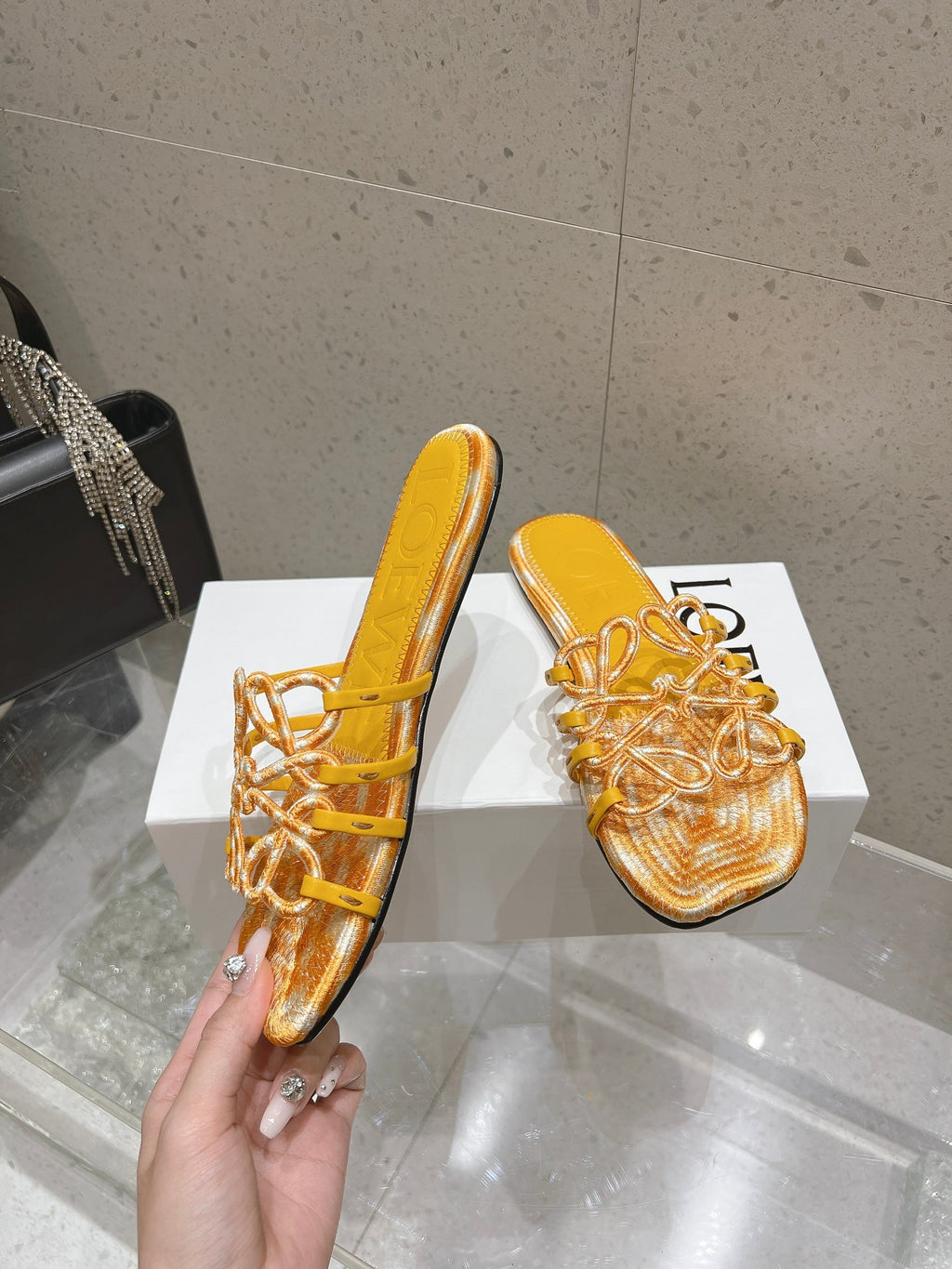 LOEWE 26S BRAIDED CAGE SLIDE SANDALS IN YELLOW CALFSKIN