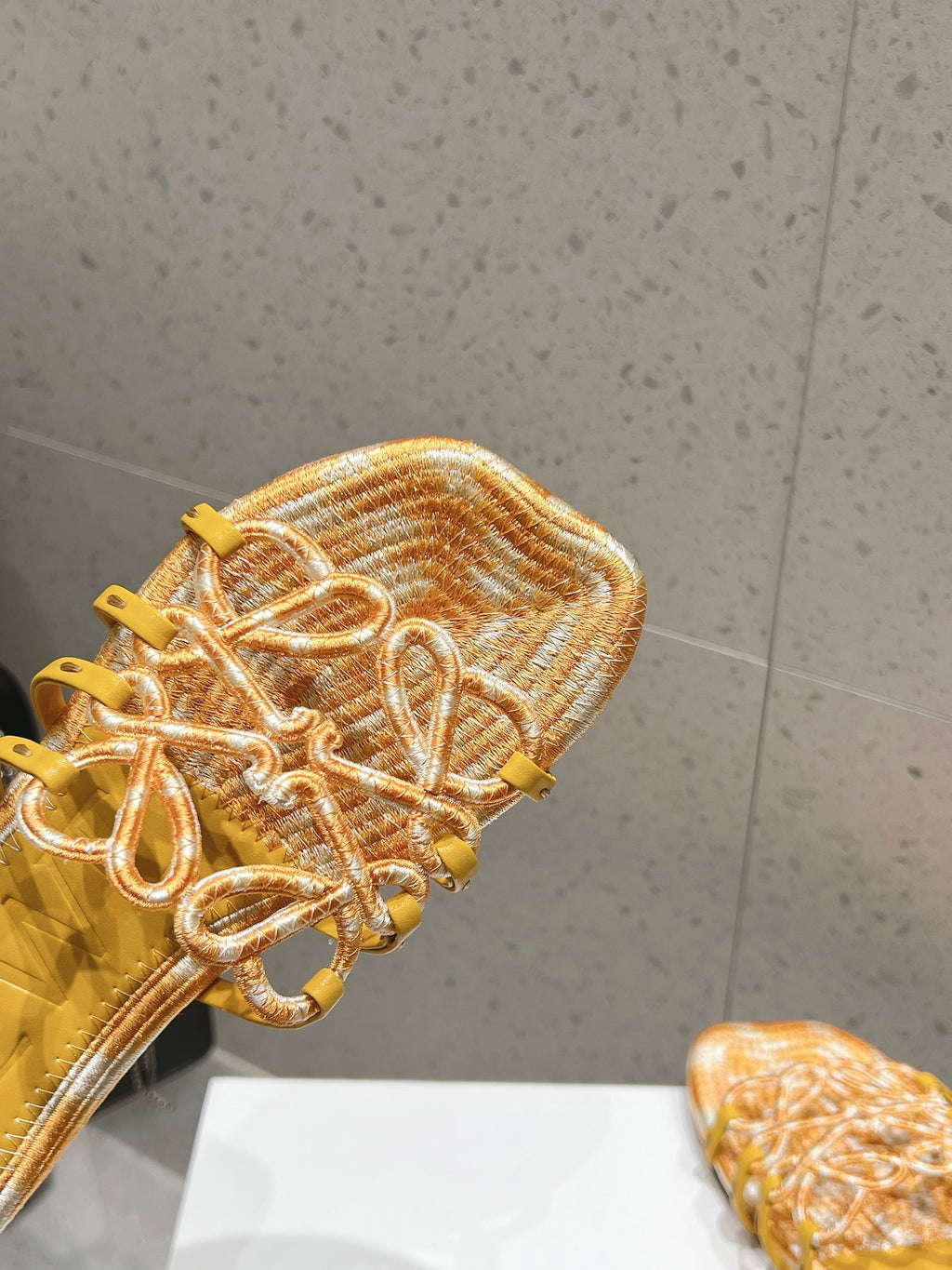 LOEWE 26S BRAIDED CAGE SLIDE SANDALS IN YELLOW CALFSKIN