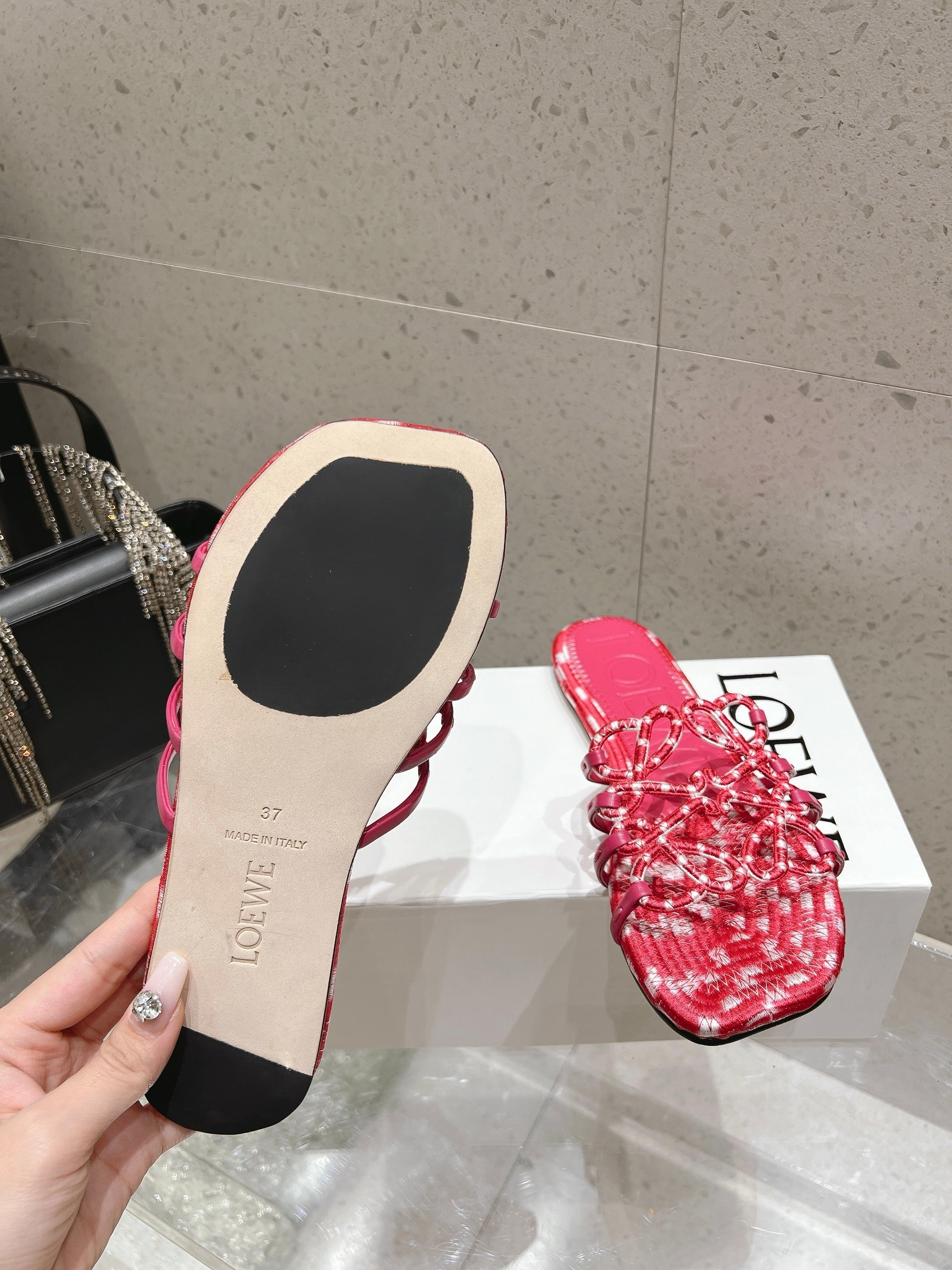 LOEWE 26S BRAIDED CAGE SLIDE SANDALS IN CORAL PINK CALFSKIN