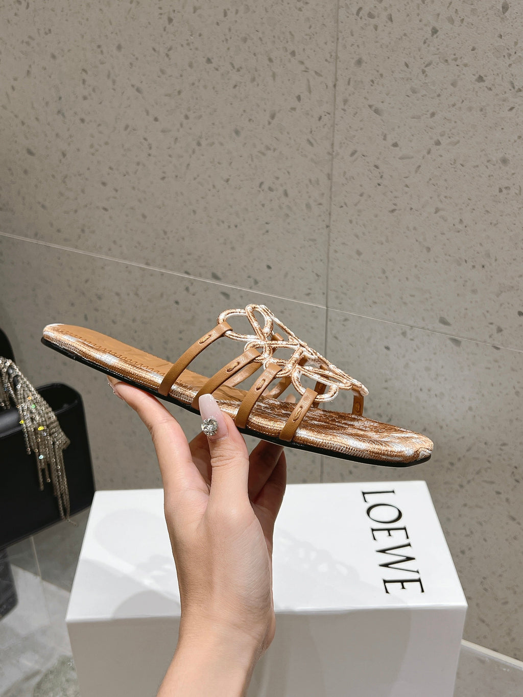 LOEWE 26S BRAIDED CAGE SLIDE SANDALS IN TAN BROWN CALFSKIN